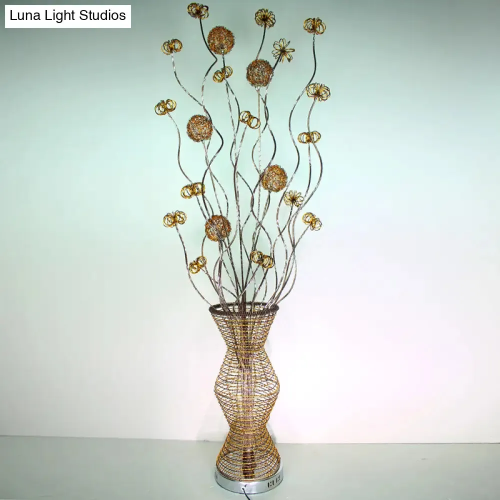 Golden LED Floor Lamp - Stylish Metallic Bamboo Basket Design with Flower Accents for Reading and Décor