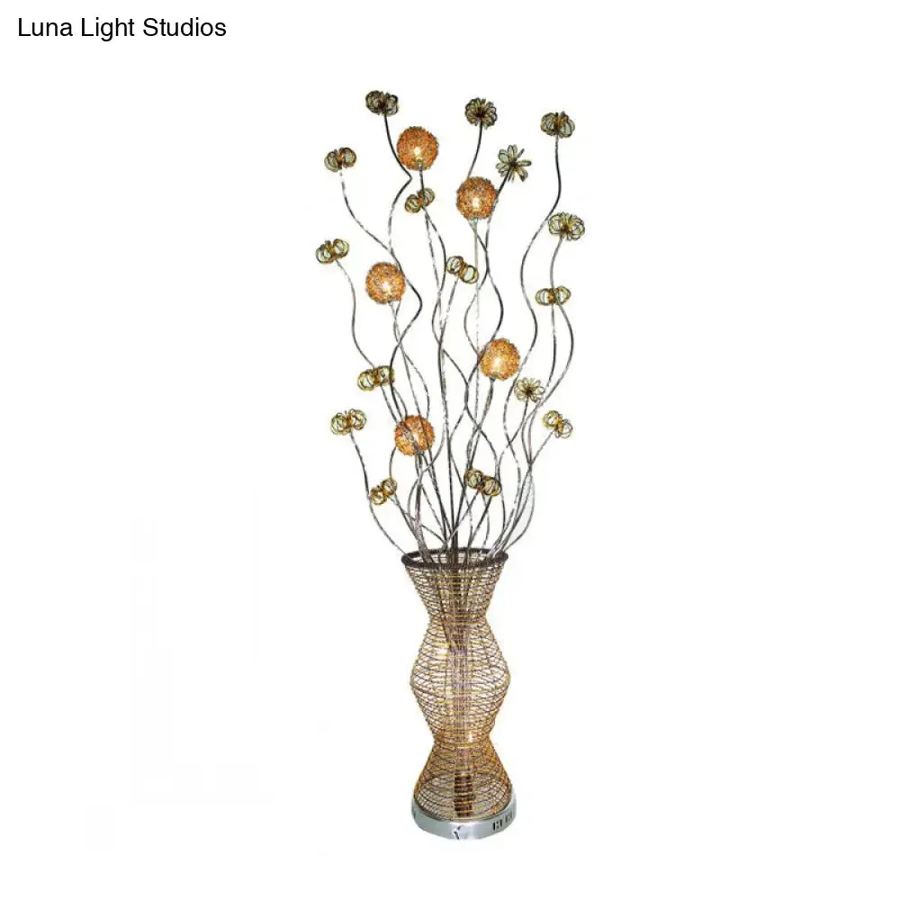 Golden LED Floor Lamp - Stylish Metallic Bamboo Basket Design with Flower Accents for Reading and Décor