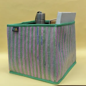 Green and Pink Striped Upcycled Handwoven Collapsible Storage Basket Medium (CSBM0824-011) PS_W