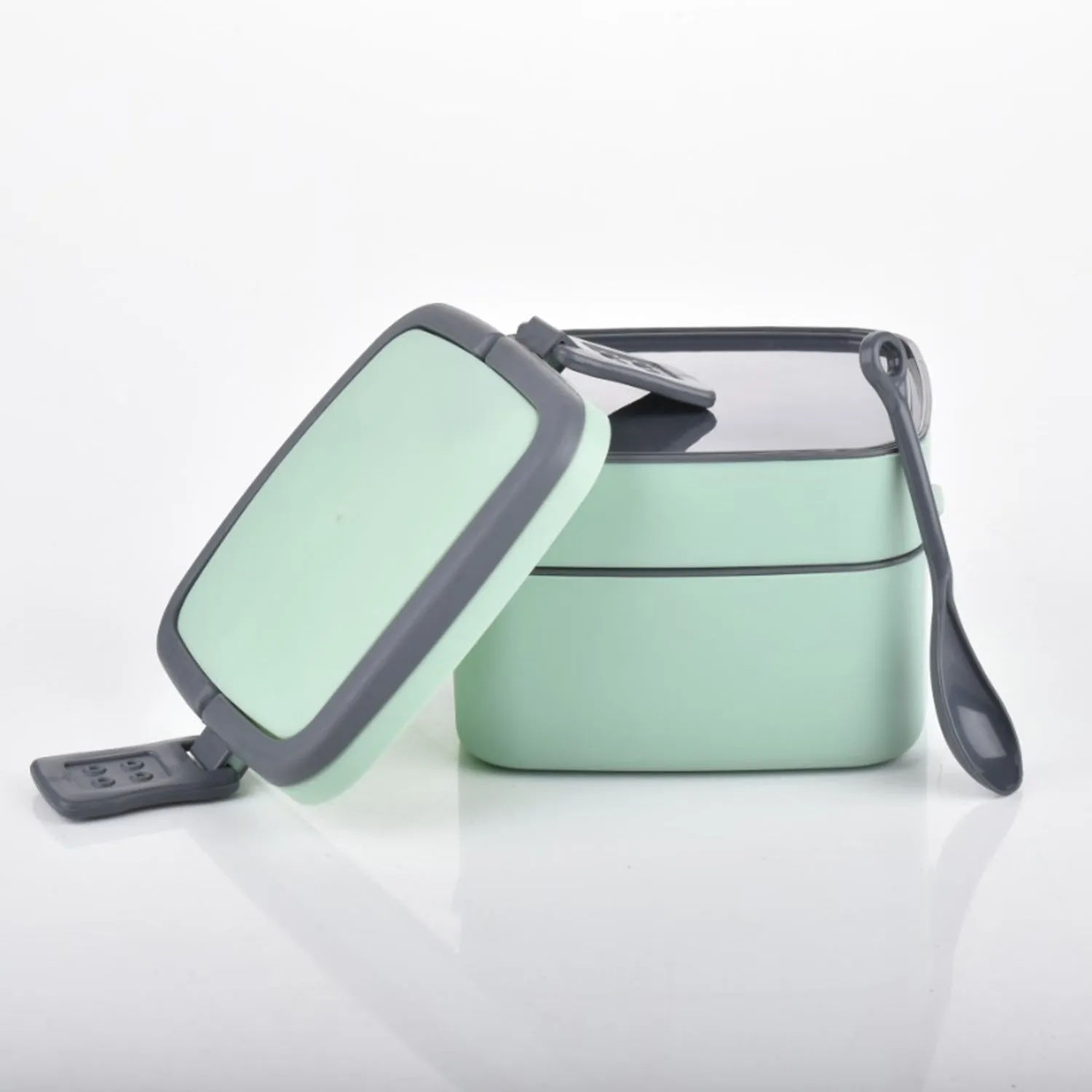 GREEN DOUBLE-LAYER PORTABLE LUNCH BOX STACKABLE WITH CARRYING HANDLE AND SPOON LUNCH BOX , Bento Lunch Box