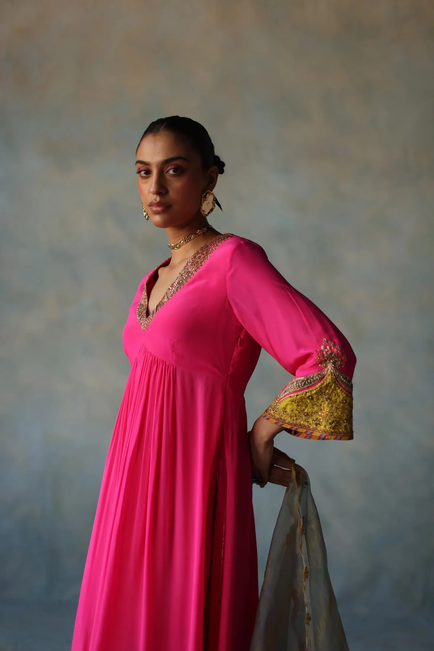 Gul Hot Pink Bell Sleeve Vaani Kapoor Crepe Kurta Set