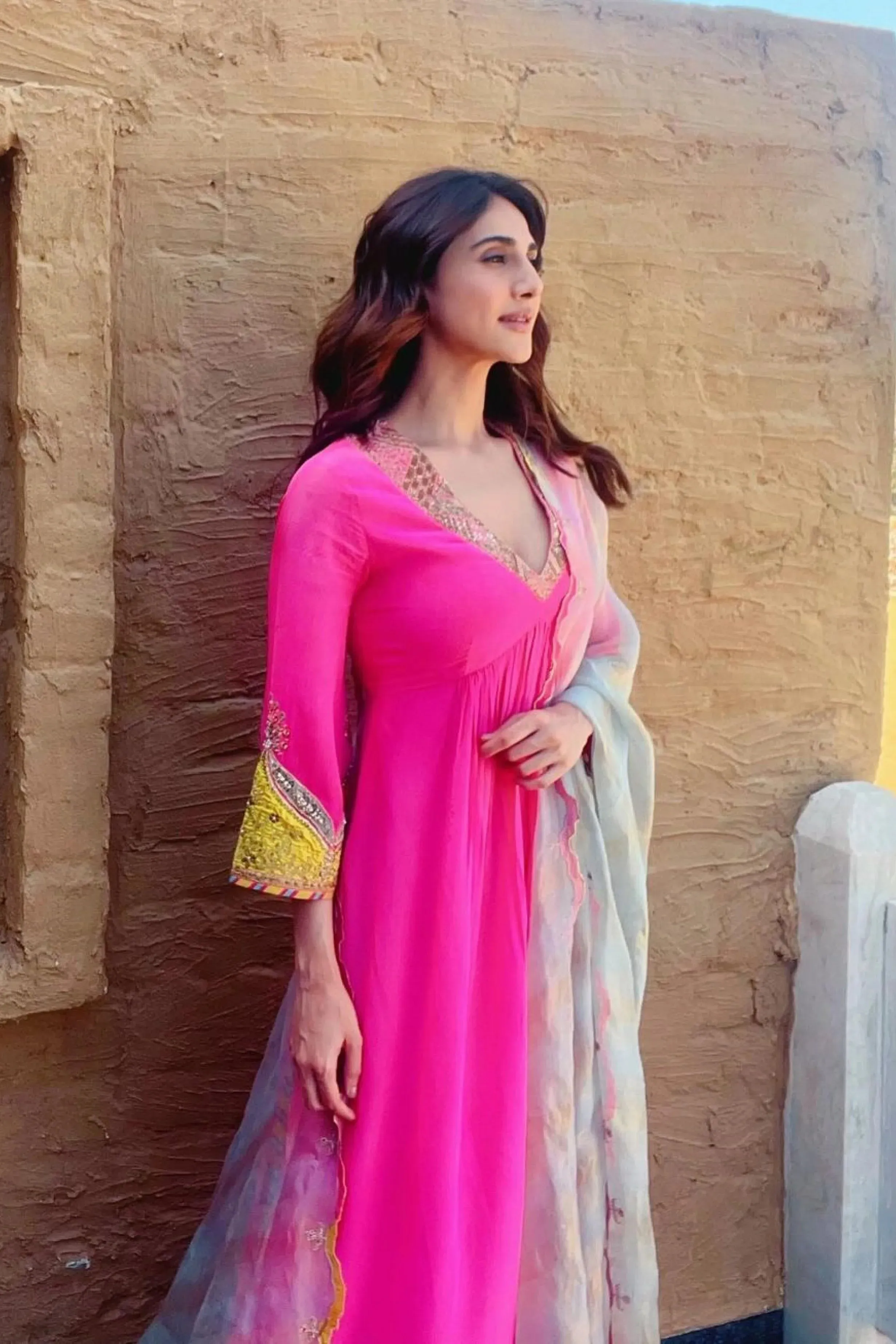 Gul Hot Pink Bell Sleeve Vaani Kapoor Crepe Kurta Set