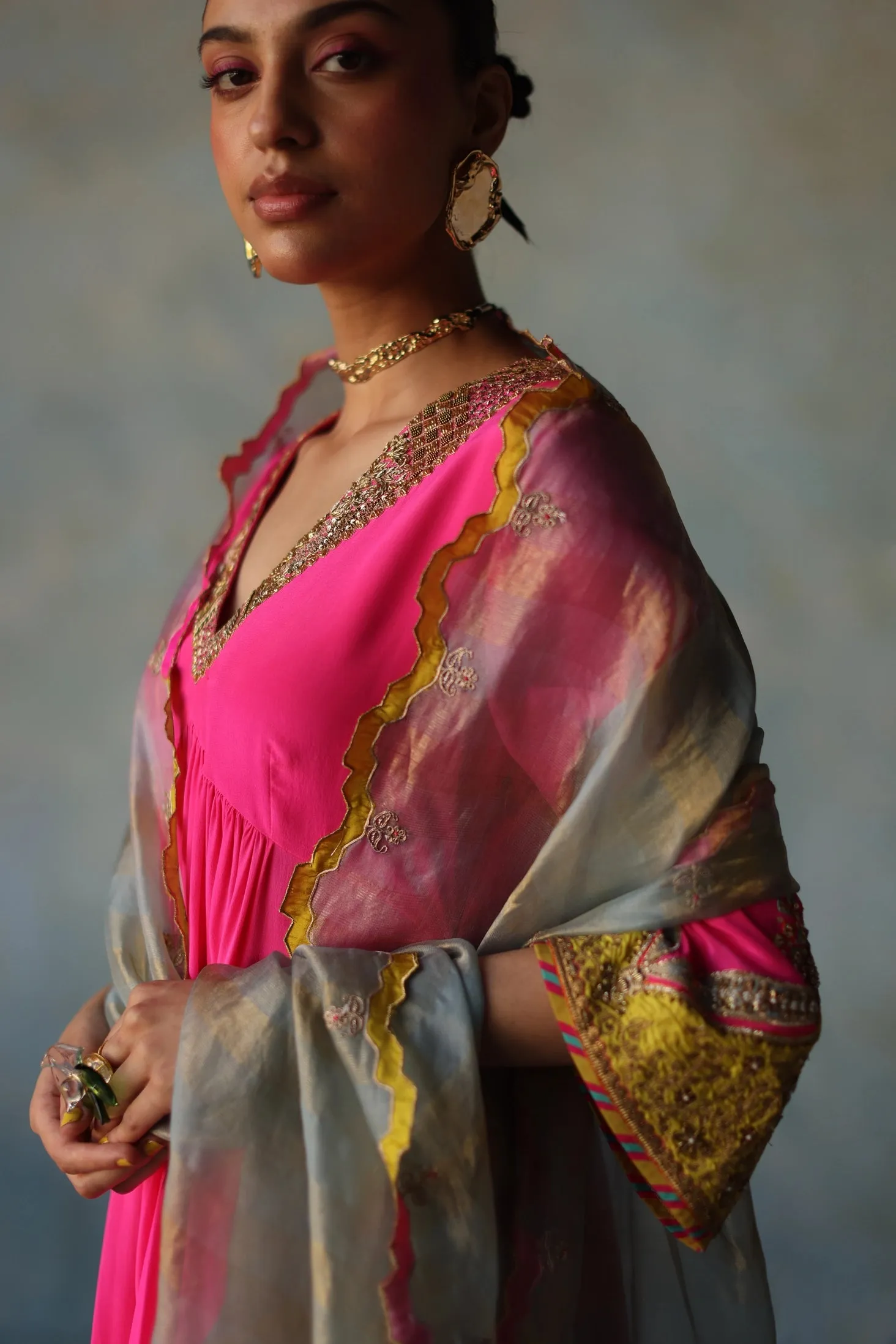 Gul Hot Pink Bell Sleeve Vaani Kapoor Crepe Kurta Set
