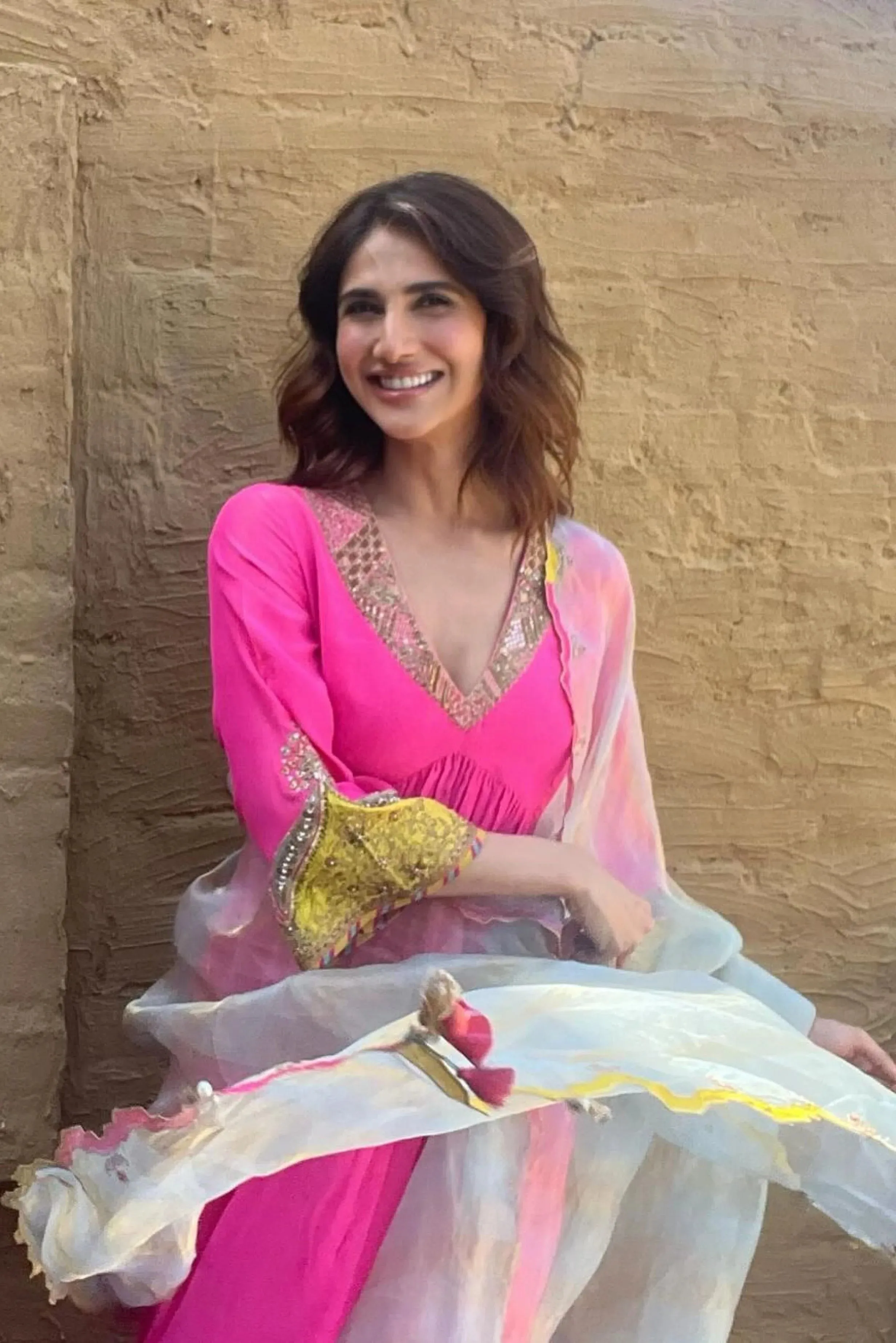 Gul Hot Pink Bell Sleeve Vaani Kapoor Crepe Kurta Set