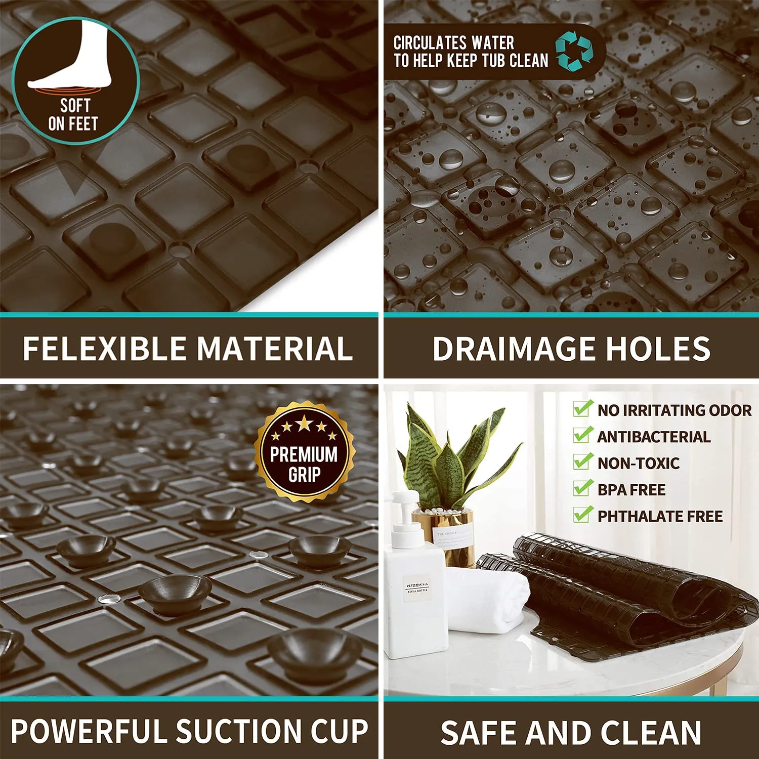 Heart Home Non Slip Eco Friendly Shower Bath Mat with Drain Holes and Suction Cups to Keep Floor Clean- Pack of 2 (Brown) -HS43HEARTH25555