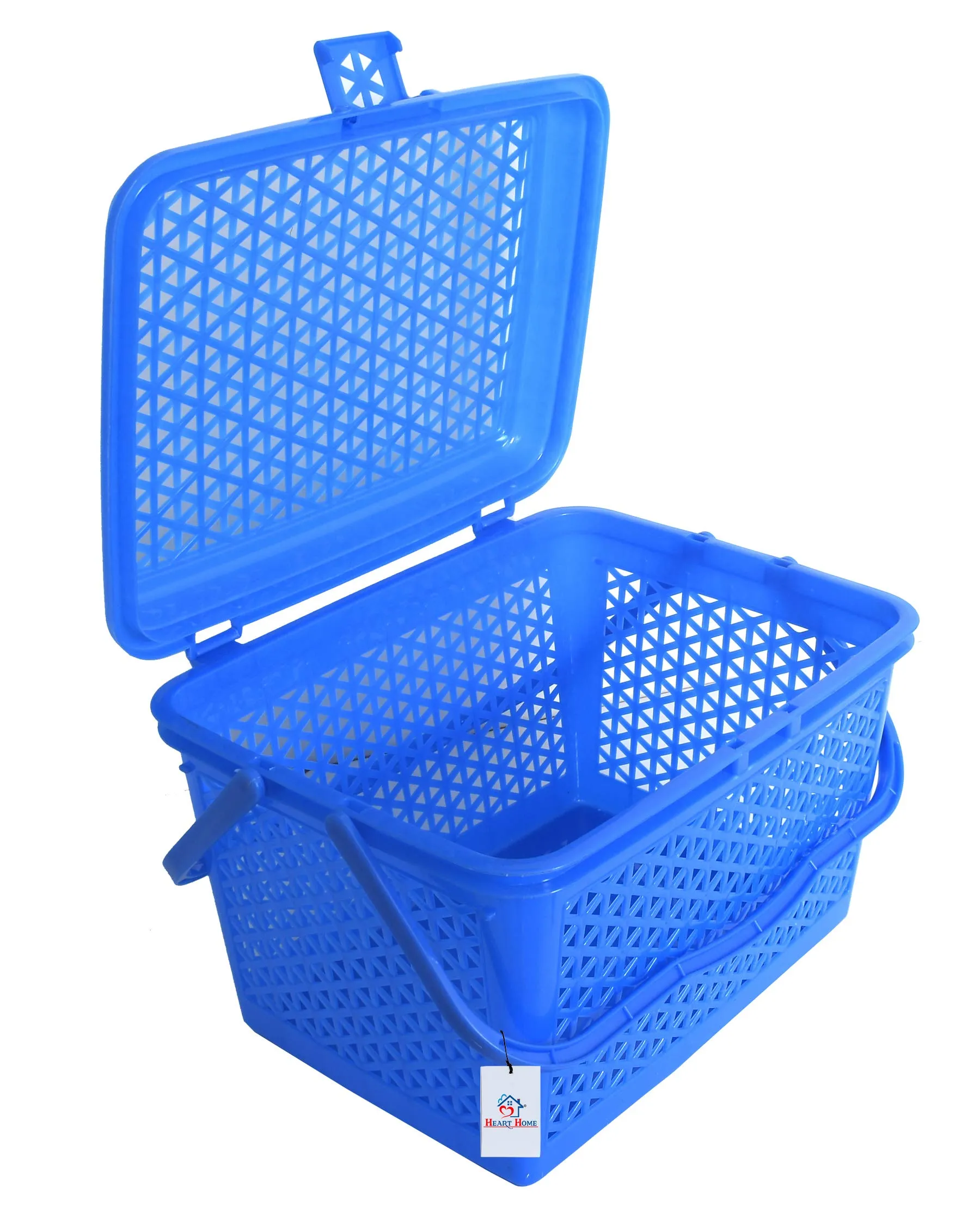 Heart Home Plastic Trendy Shopping Storage Basket with Handles|Small Bin for Shower|Closet, Kitchen, Garden (Blue)