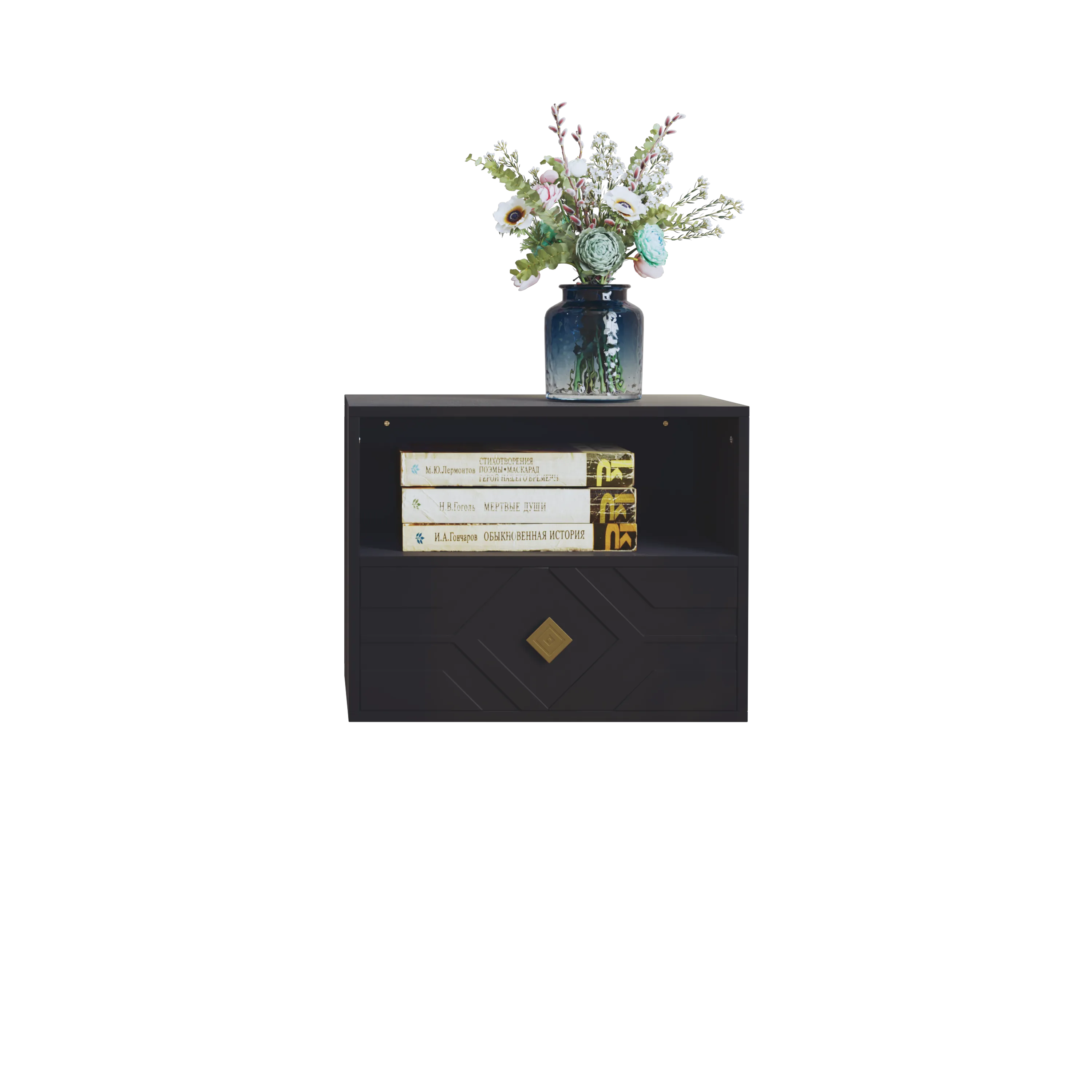 HLR Black Modern Floating Nightstand with Drawer & Embossed Design, Wall-Mounted Bedside Table with Storage for Bedroom