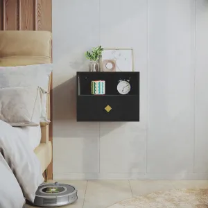 HLR Black Modern Floating Nightstand with Drawer & Embossed Design, Wall-Mounted Bedside Table with Storage for Bedroom