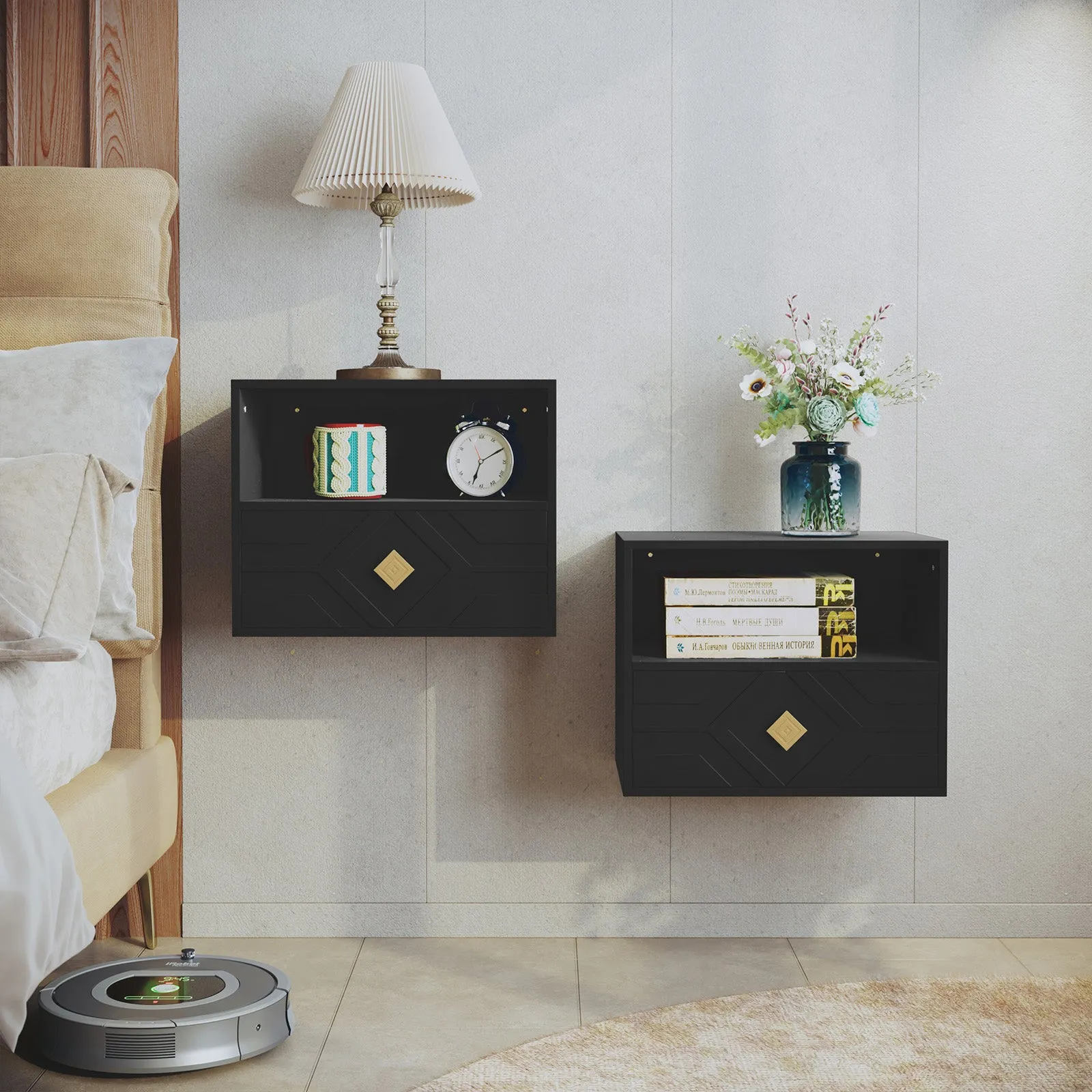 HLR Black Modern Floating Nightstand with Drawer & Embossed Design, Wall-Mounted Bedside Table with Storage for Bedroom