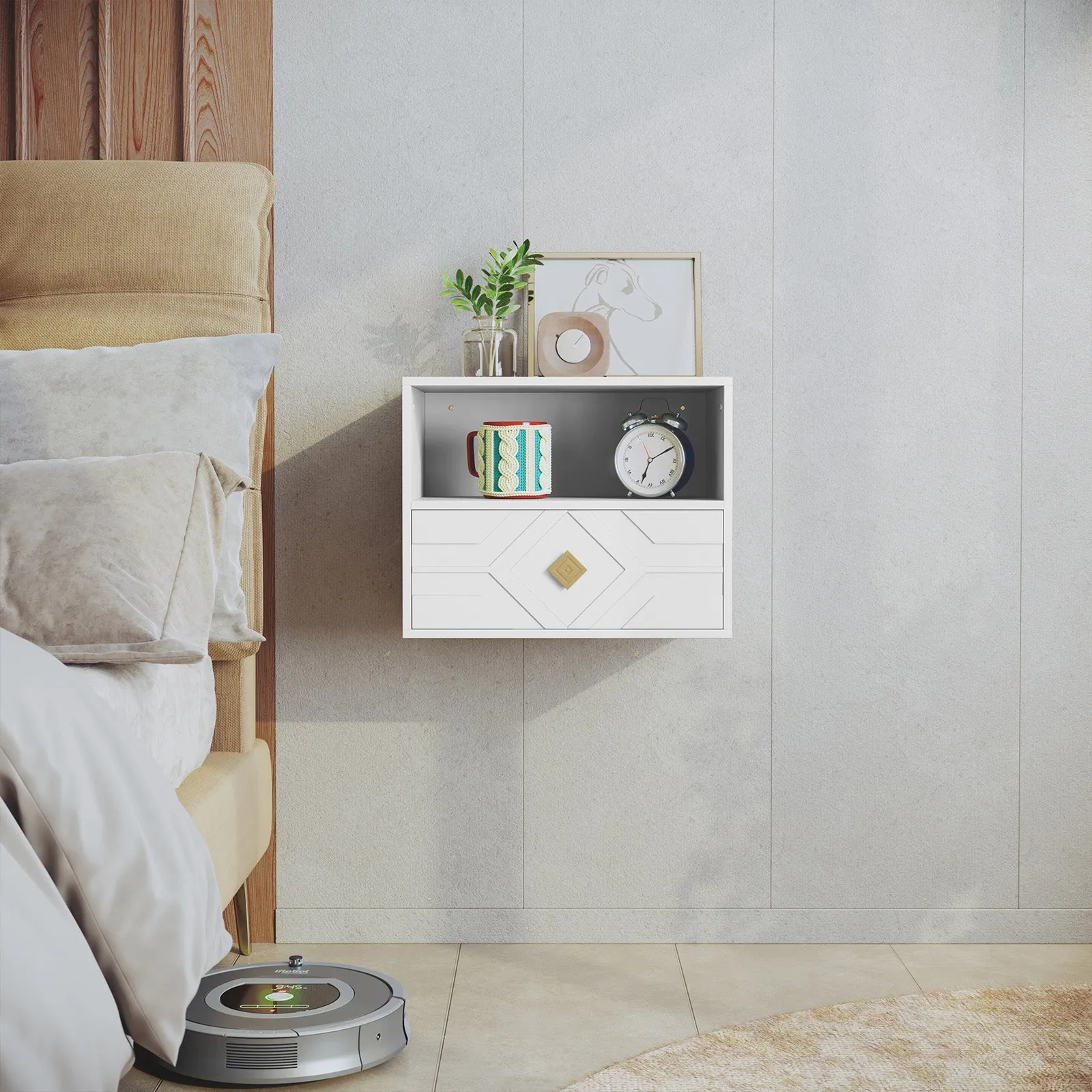HLR Black Modern Floating Nightstand with Drawer & Embossed Design, Wall-Mounted Bedside Table with Storage for Bedroom