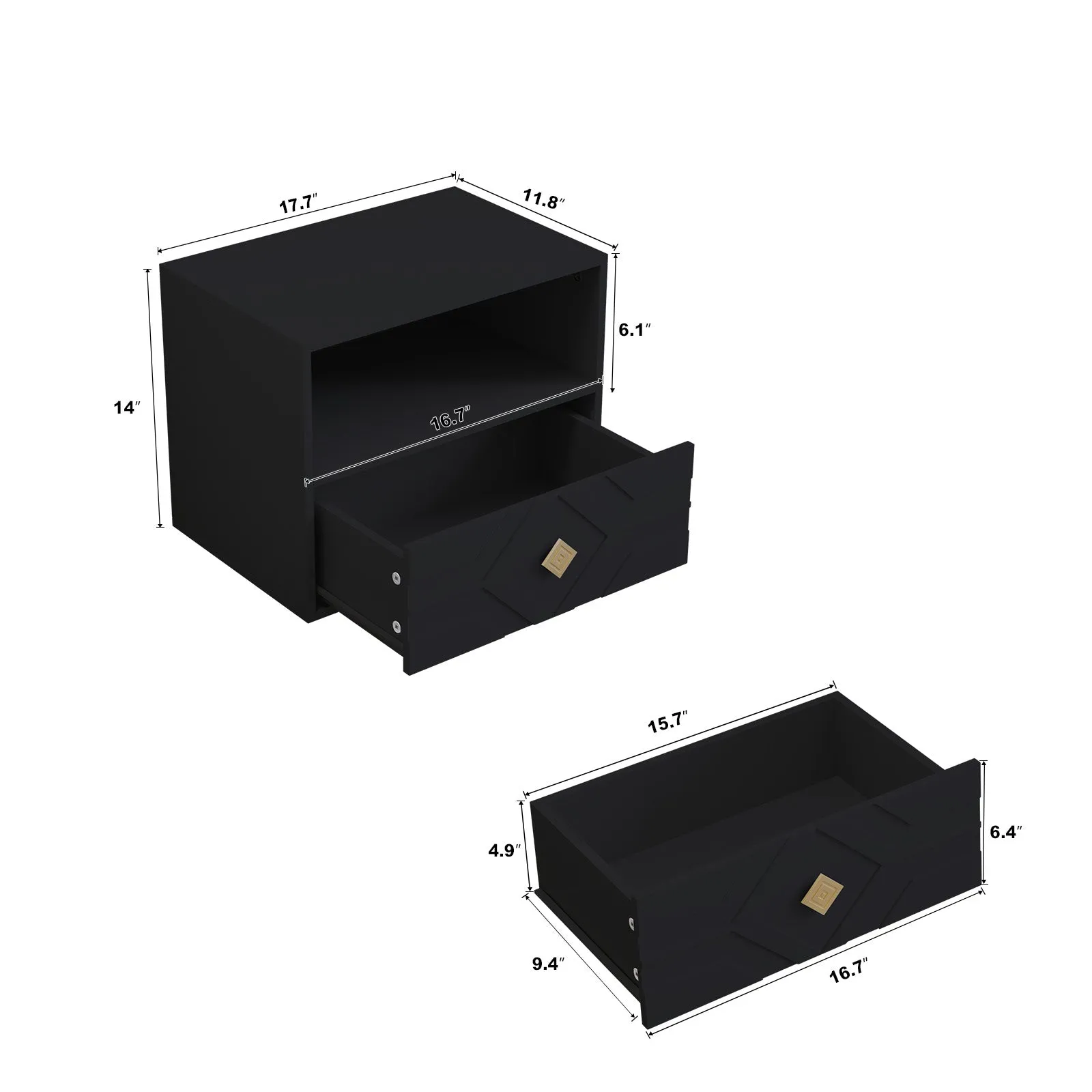 HLR Black Modern Floating Nightstand with Drawer & Embossed Design, Wall-Mounted Bedside Table with Storage for Bedroom