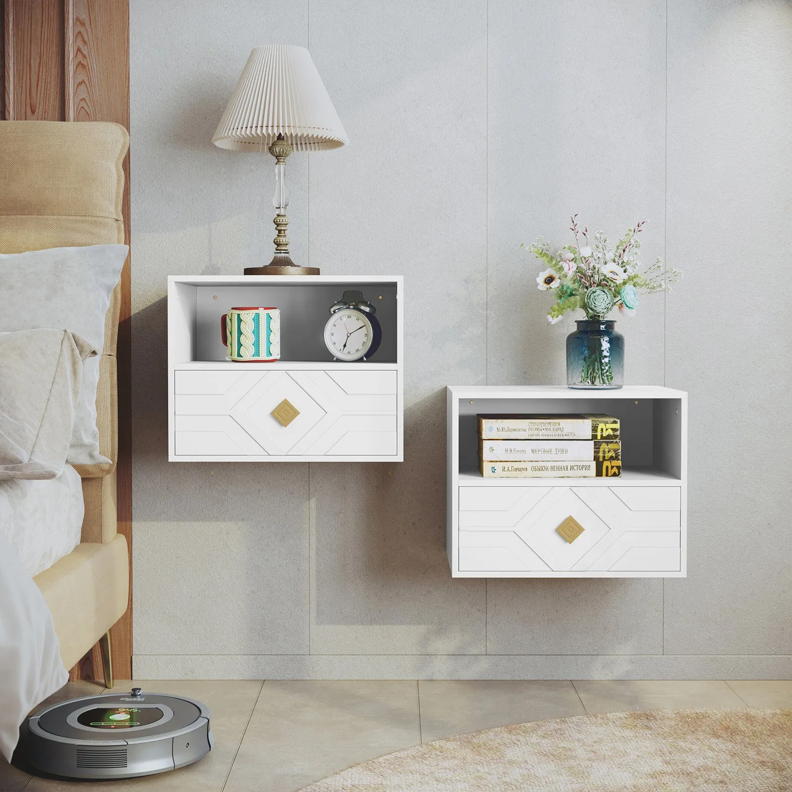 HLR Black Modern Floating Nightstand with Drawer & Embossed Design, Wall-Mounted Bedside Table with Storage for Bedroom