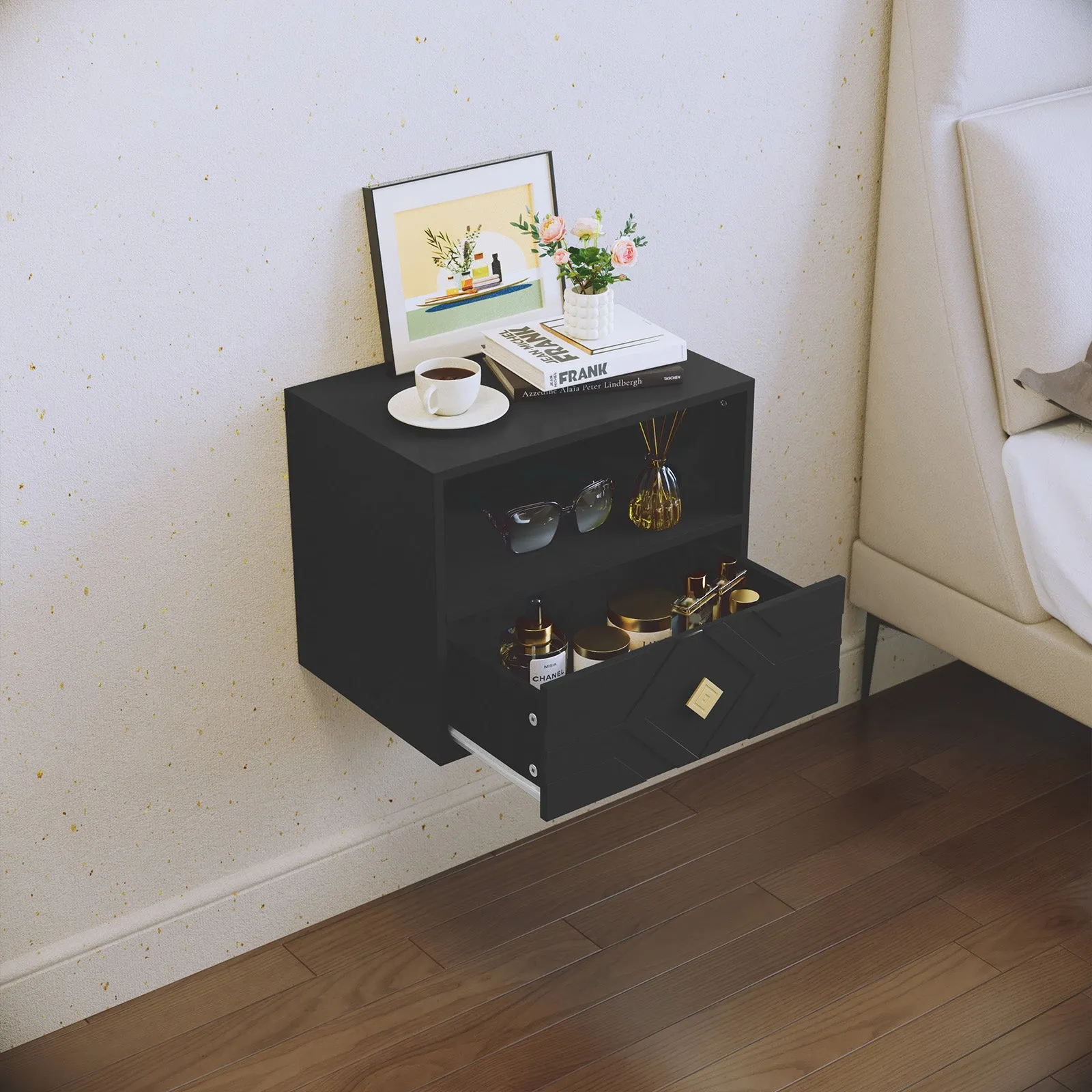 HLR Black Modern Floating Nightstand with Drawer & Embossed Design, Wall-Mounted Bedside Table with Storage for Bedroom