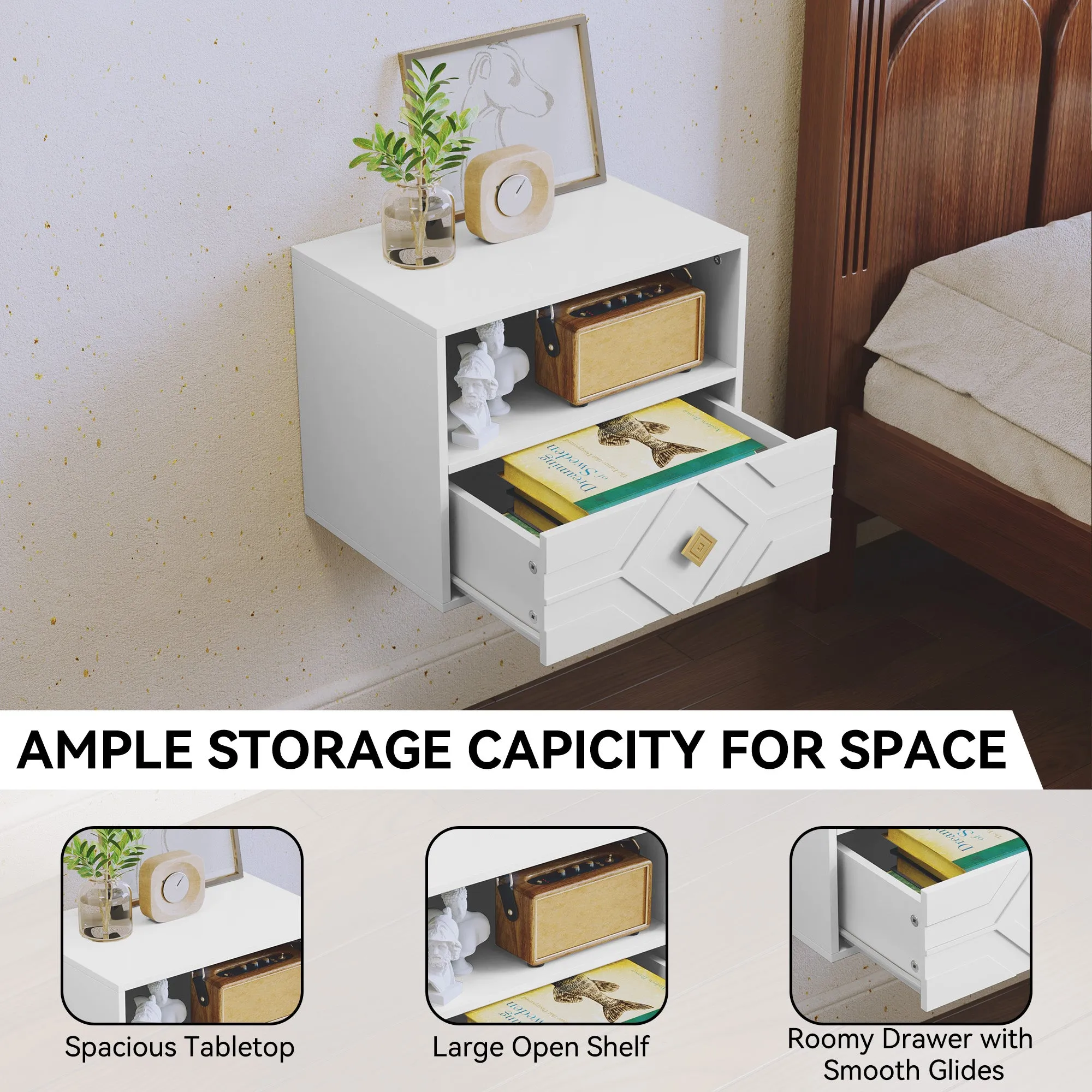 HLR White Modern Floating Nightstand Set of 2 with Drawer & Embossed Design, Wall-Mounted Bedside Tables with Storage for Bedroom