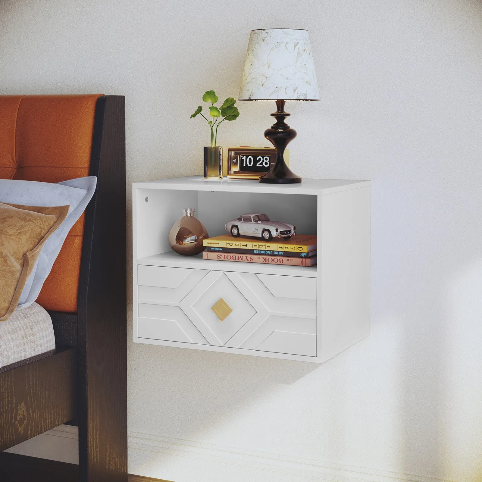 HLR White Modern Floating Nightstand Set of 2 with Drawer & Embossed Design, Wall-Mounted Bedside Tables with Storage for Bedroom