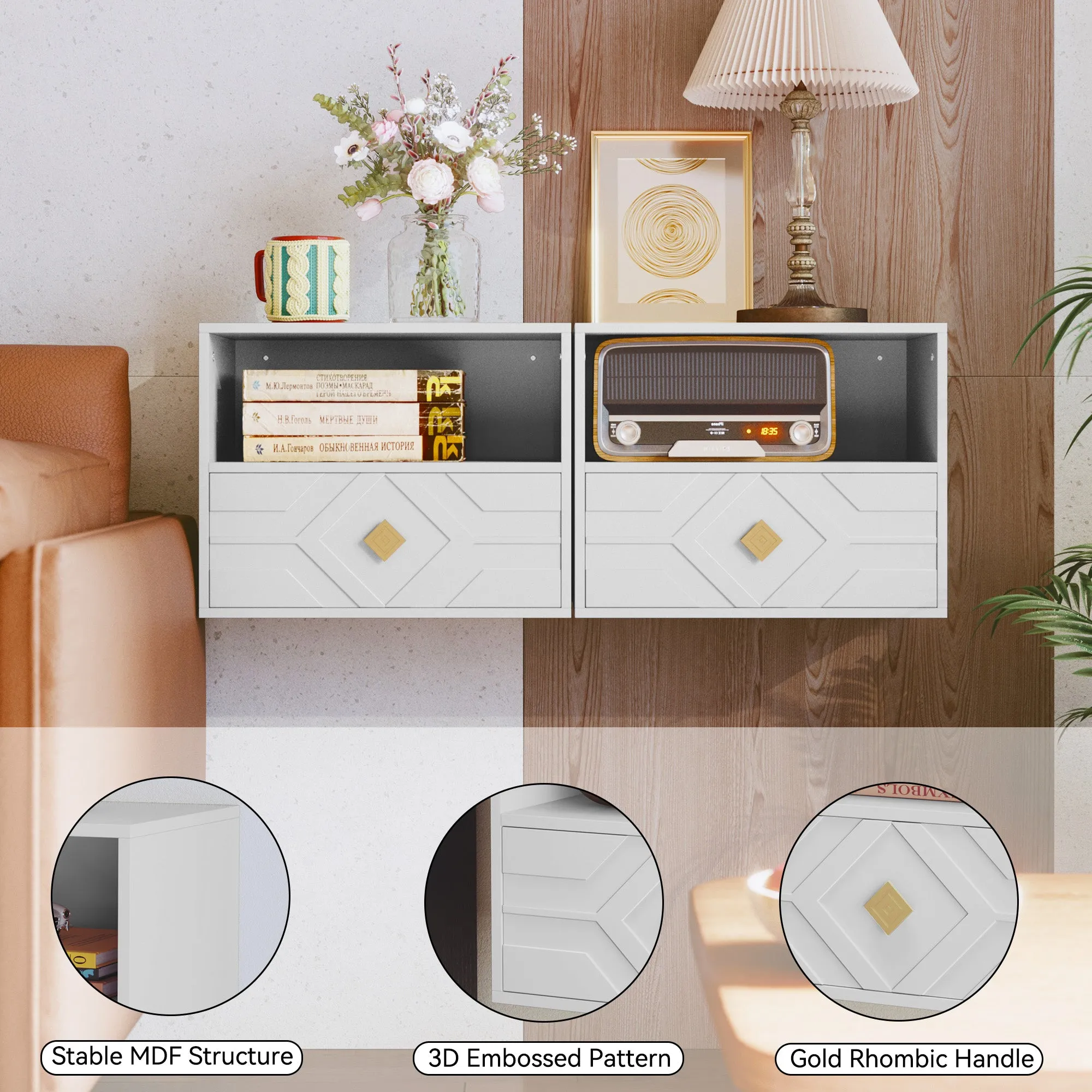 HLR White Modern Floating Nightstand Set of 2 with Drawer & Embossed Design, Wall-Mounted Bedside Tables with Storage for Bedroom