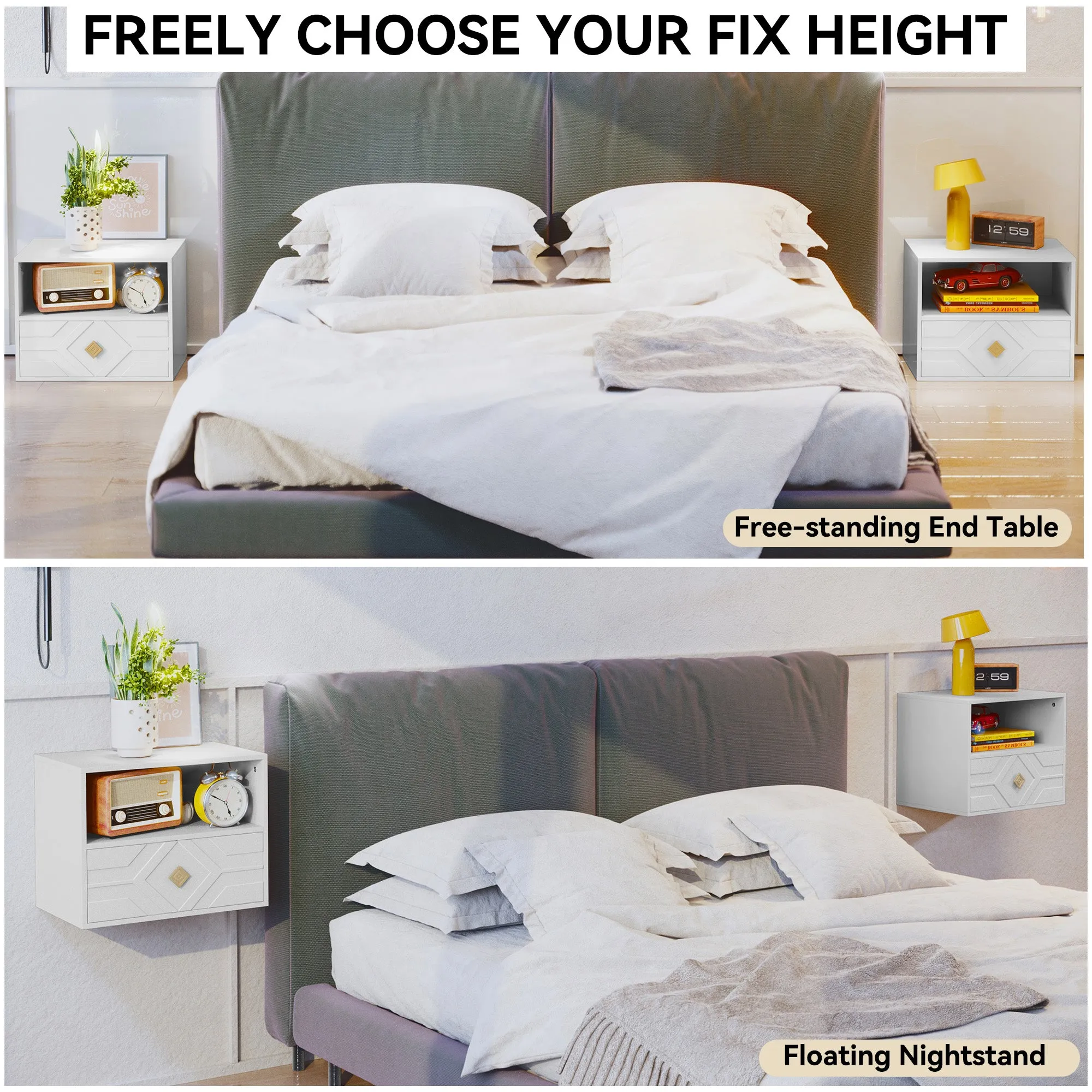 HLR White Modern Floating Nightstand Set of 2 with Drawer & Embossed Design, Wall-Mounted Bedside Tables with Storage for Bedroom