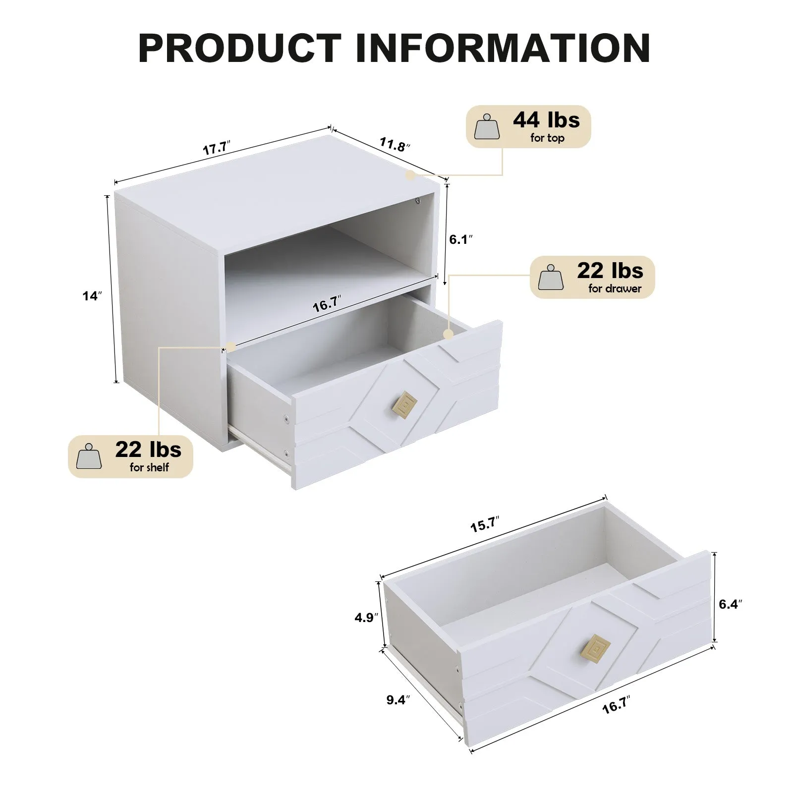 HLR White Modern Floating Nightstand Set of 2 with Drawer & Embossed Design, Wall-Mounted Bedside Tables with Storage for Bedroom