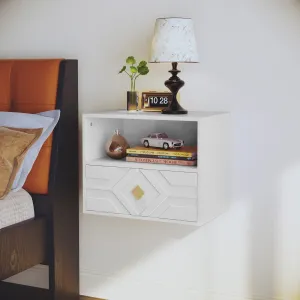 HLR White Modern Floating Nightstand Set of 2 with Drawer & Embossed Design, Wall-Mounted Bedside Tables with Storage for Bedroom