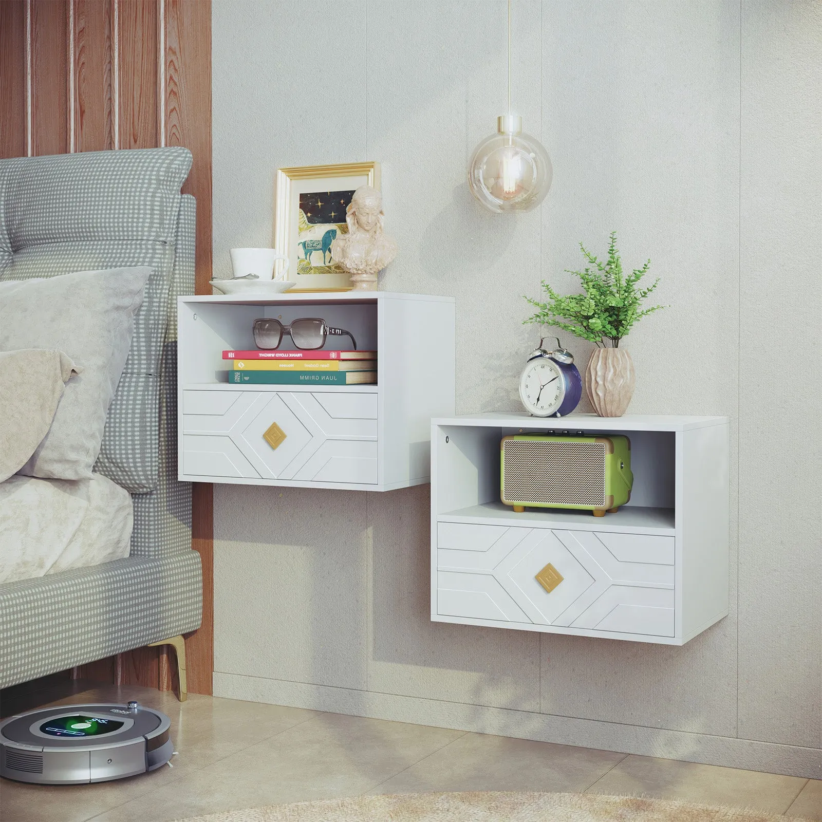 HLR White Modern Floating Nightstand Set of 2 with Drawer & Embossed Design, Wall-Mounted Bedside Tables with Storage for Bedroom