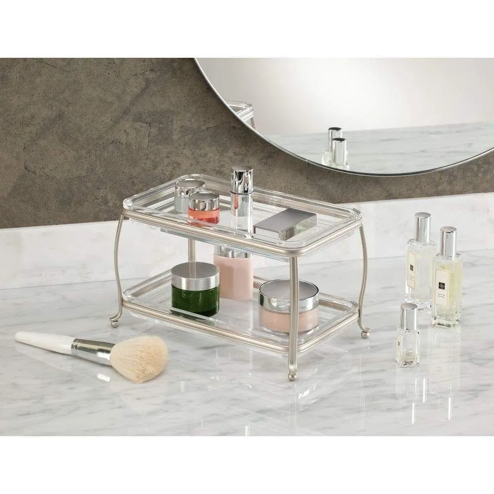 iDesign York Plastic Free-Standing Double Vanity Tray, 2-Shelves Storage for Countertops, Desks, Dressers, Bathroom, 10.5" x 6.5" x 6" - Satin Silver and Clear