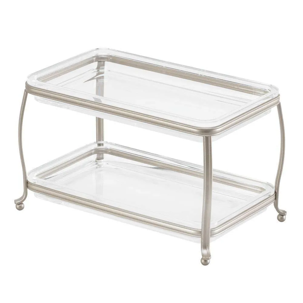 iDesign York Plastic Free-Standing Double Vanity Tray, 2-Shelves Storage for Countertops, Desks, Dressers, Bathroom, 10.5" x 6.5" x 6" - Satin Silver and Clear