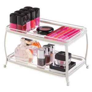 iDesign York Plastic Free-Standing Double Vanity Tray, 2-Shelves Storage for Countertops, Desks, Dressers, Bathroom, 10.5" x 6.5" x 6" - Satin Silver and Clear