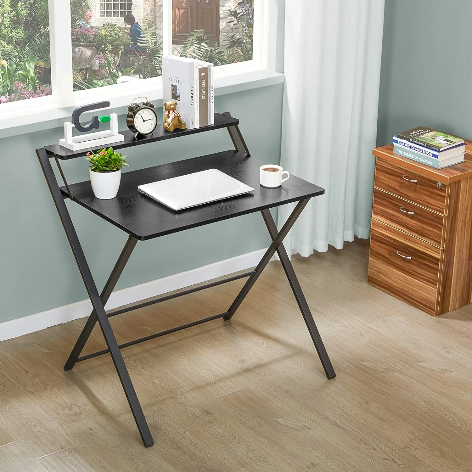 Kawachi Scissors Type Folding With Adjustable Shelf Space Saving Laptop, Study Table, Computer Desk Beige