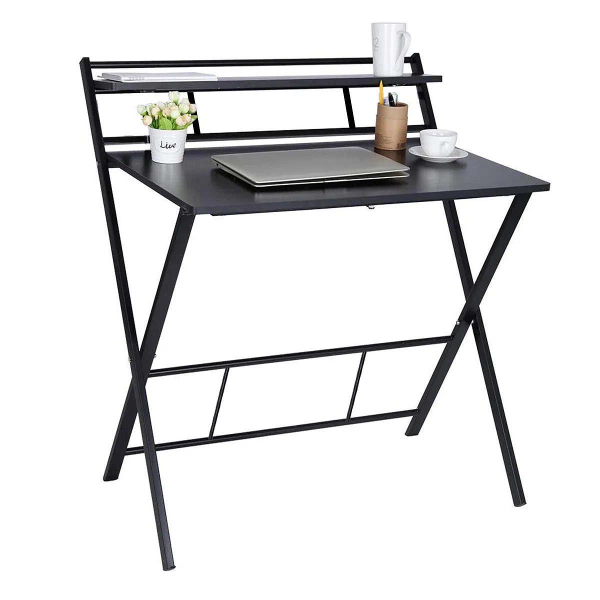 Kawachi Scissors Type Folding With Adjustable Shelf Space Saving Laptop, Study Table, Computer Desk Beige