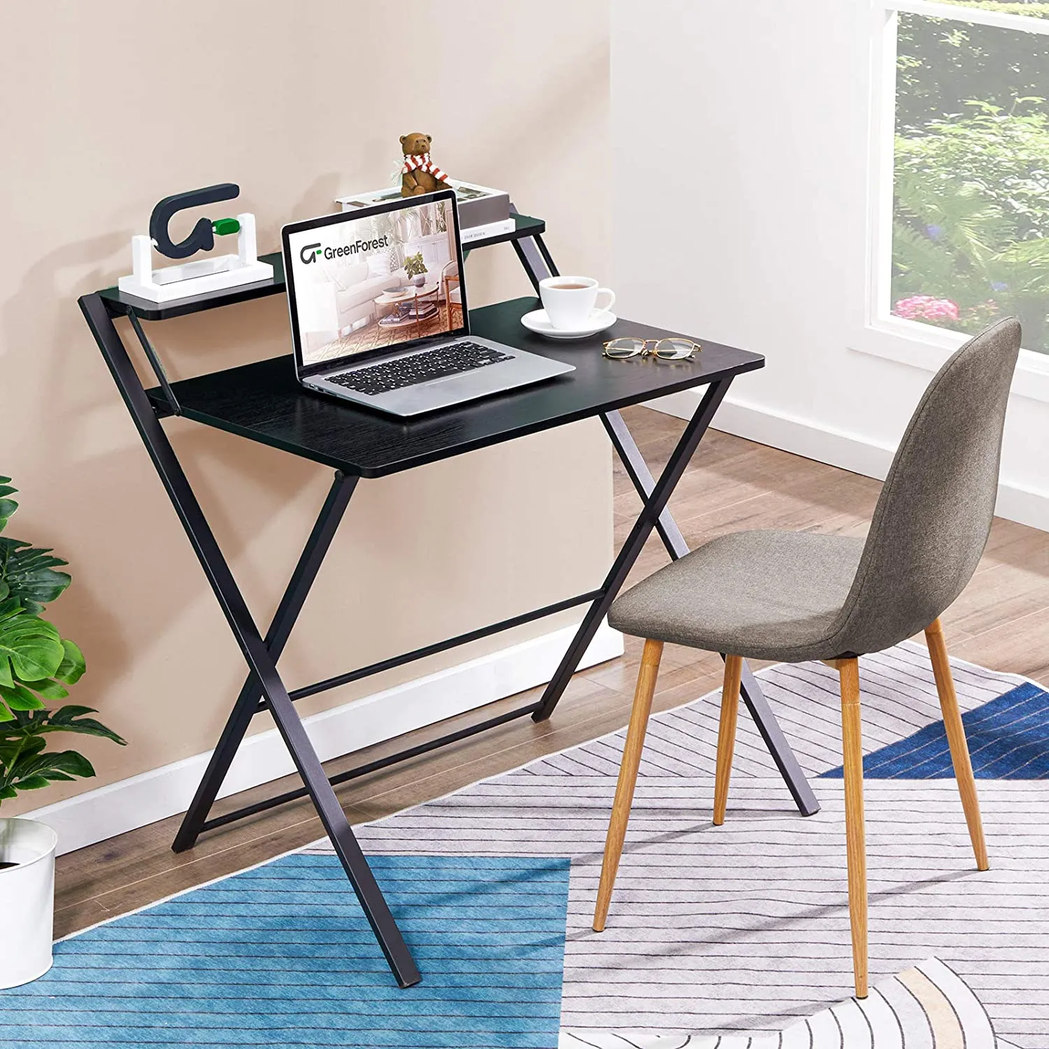 Kawachi Scissors Type Folding With Adjustable Shelf Space Saving Laptop, Study Table, Computer Desk Beige