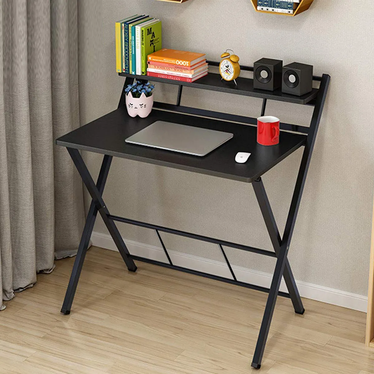 Kawachi Scissors Type Folding With Adjustable Shelf Space Saving Laptop, Study Table, Computer Desk Beige