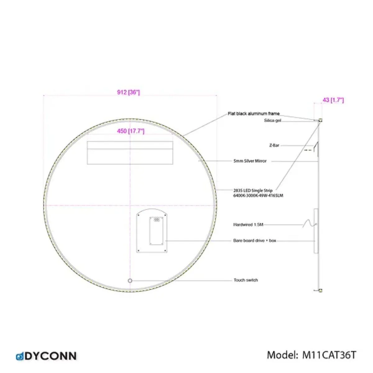 Keanu Round 36 In. Tri-color LED Wall Mirror With Touch On/Off Dimmer Function
