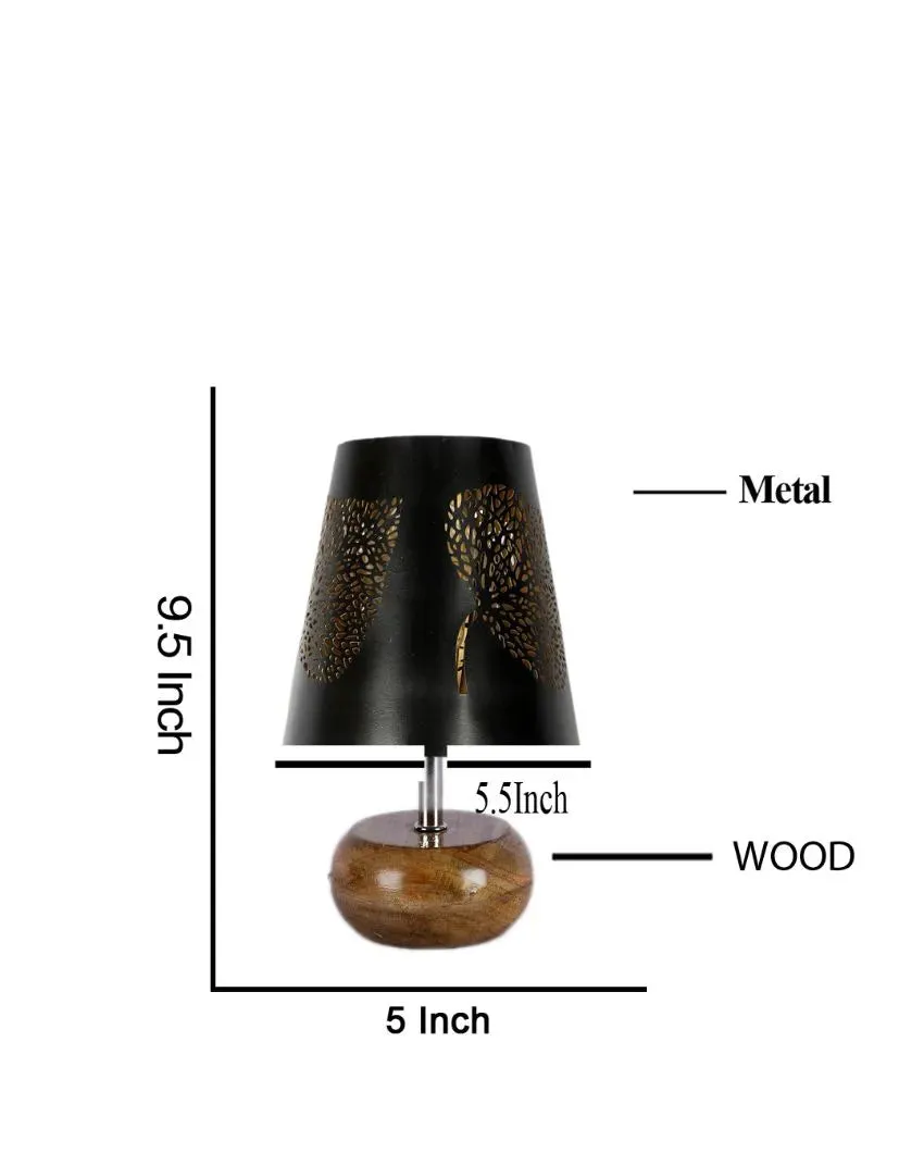 Leaf Metal Etching Table Lamp With Natural Wood Round Base | 6 x 10 inches