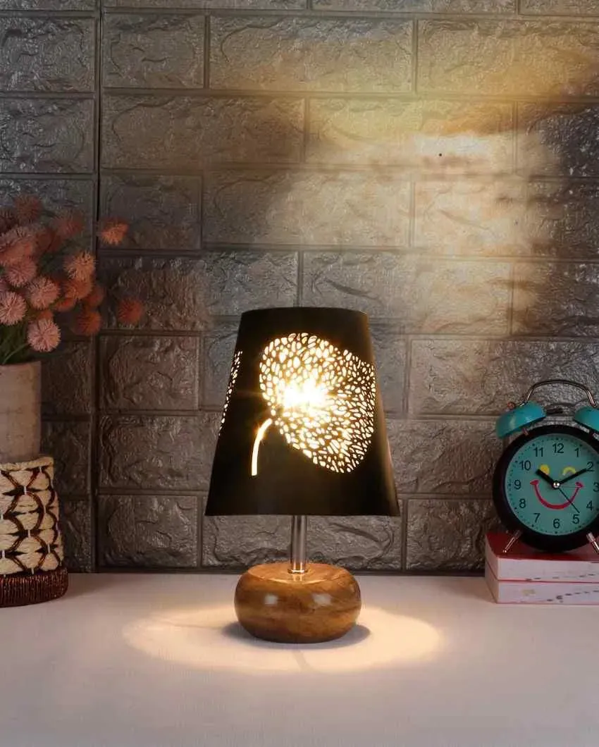 Leaf Metal Etching Table Lamp With Natural Wood Round Base | 6 x 10 inches
