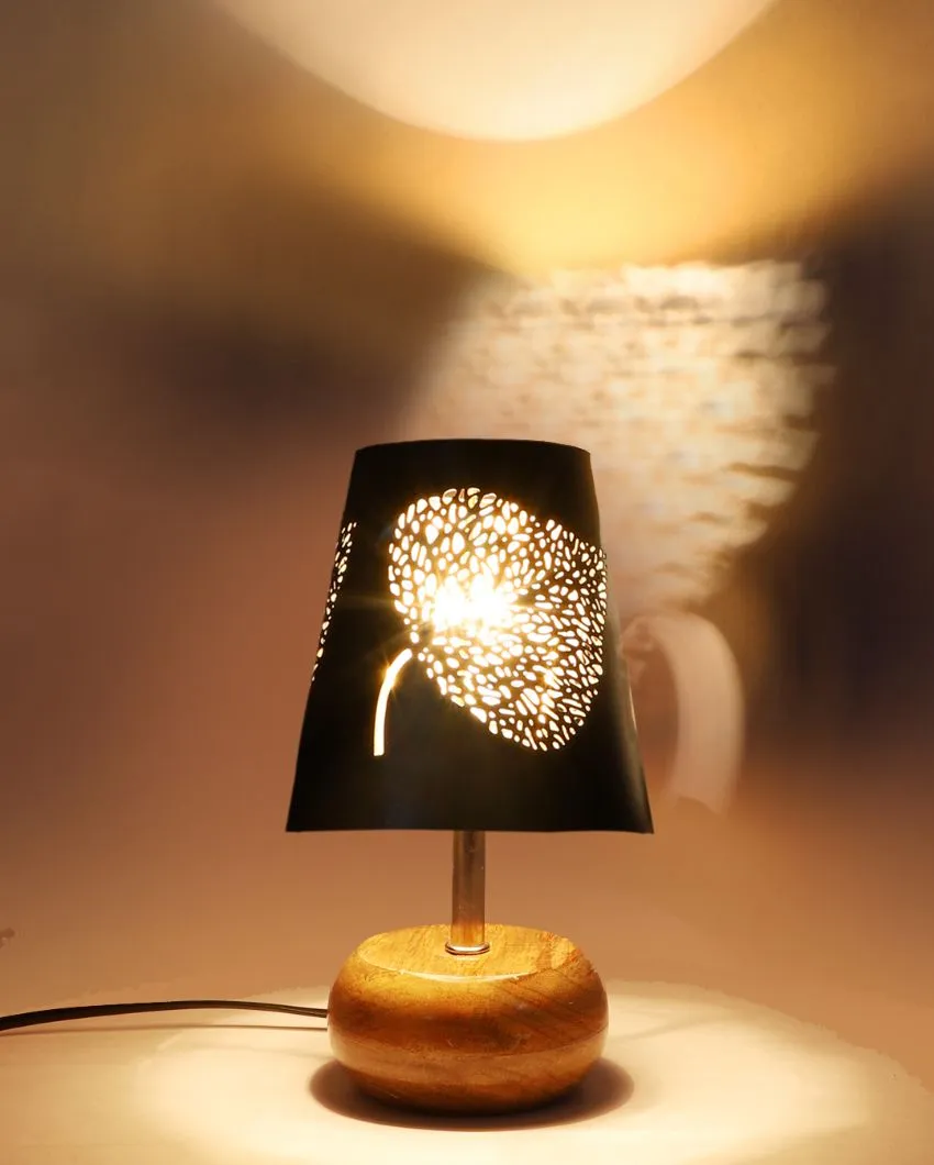 Leaf Metal Etching Table Lamp With Natural Wood Round Base | 6 x 10 inches