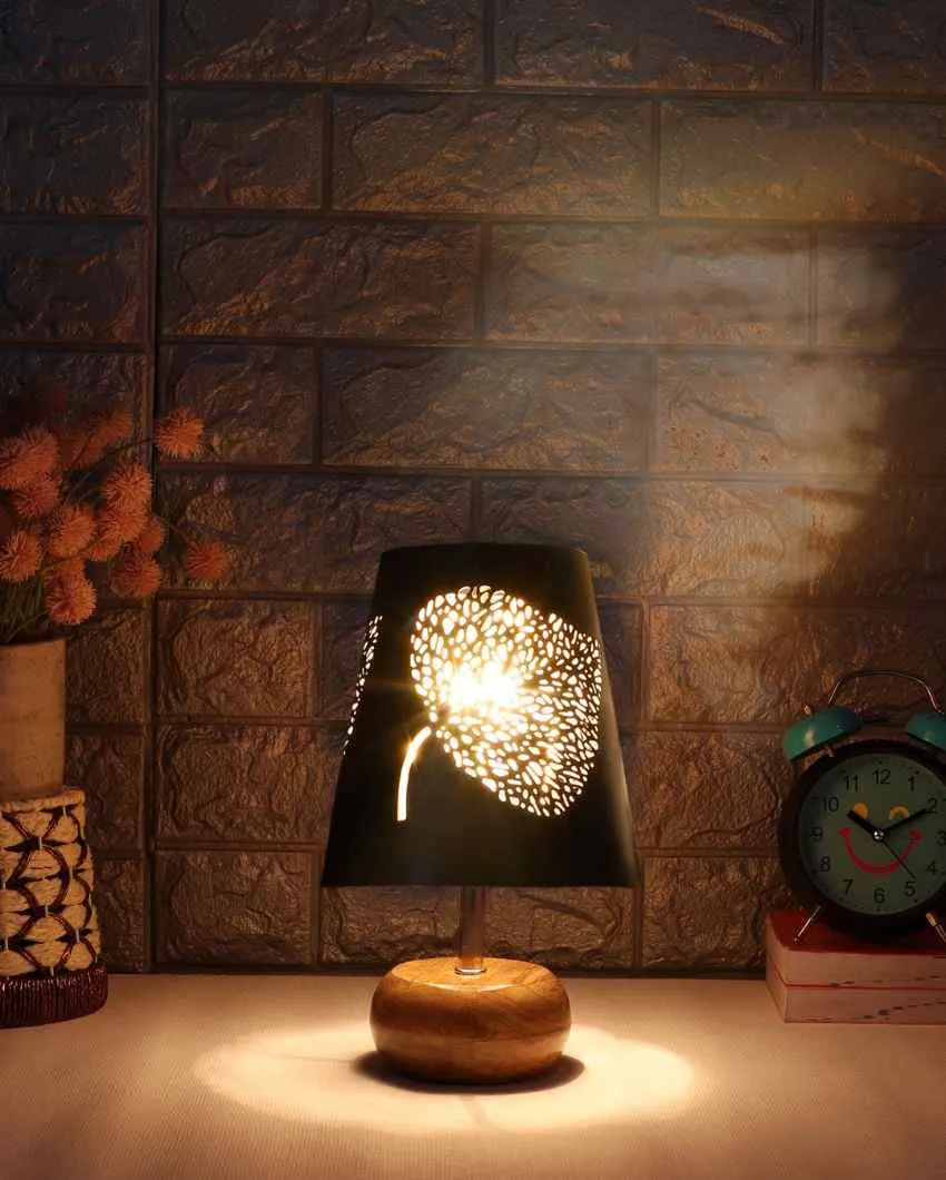 Leaf Metal Etching Table Lamp With Natural Wood Round Base | 6 x 10 inches