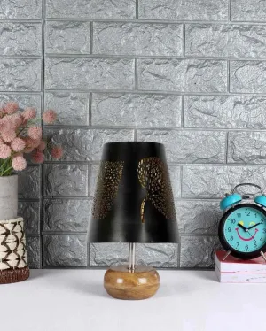 Leaf Metal Etching Table Lamp With Natural Wood Round Base | 6 x 10 inches