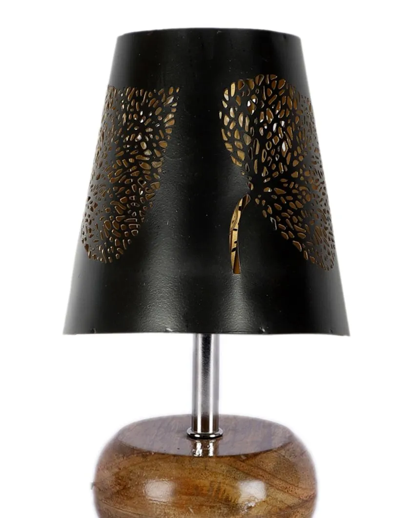 Leaf Metal Etching Table Lamp With Natural Wood Round Base | 6 x 10 inches