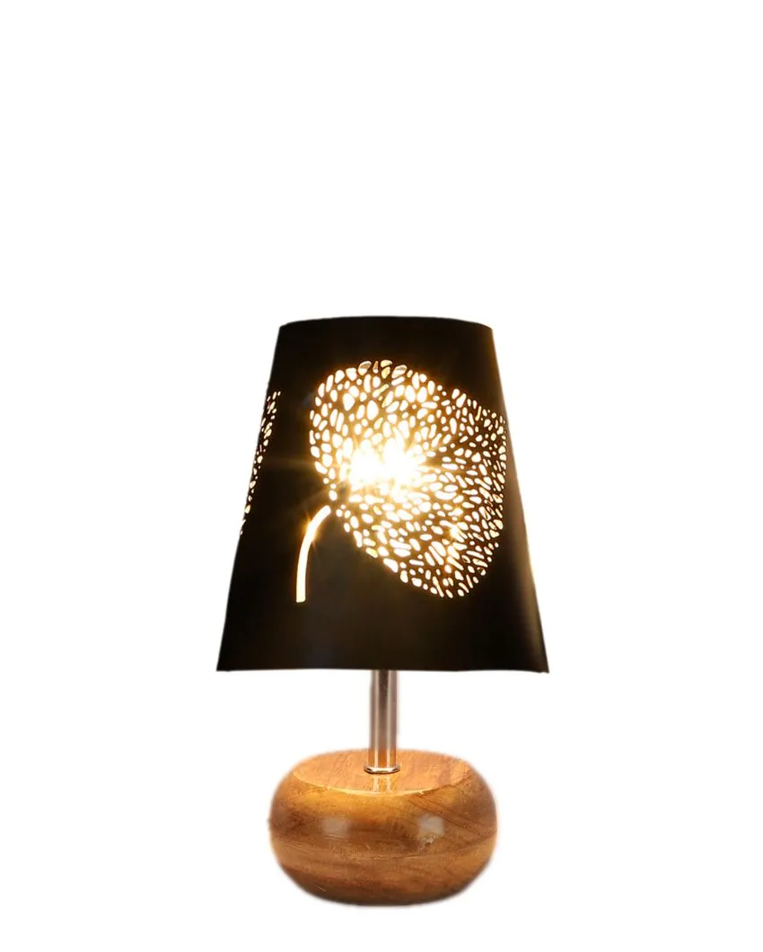 Leaf Metal Etching Table Lamp With Natural Wood Round Base | 6 x 10 inches