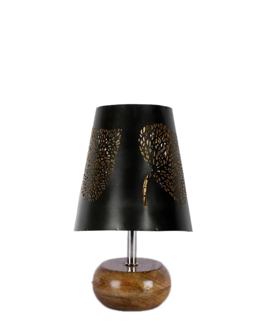 Leaf Metal Etching Table Lamp With Natural Wood Round Base | 6 x 10 inches