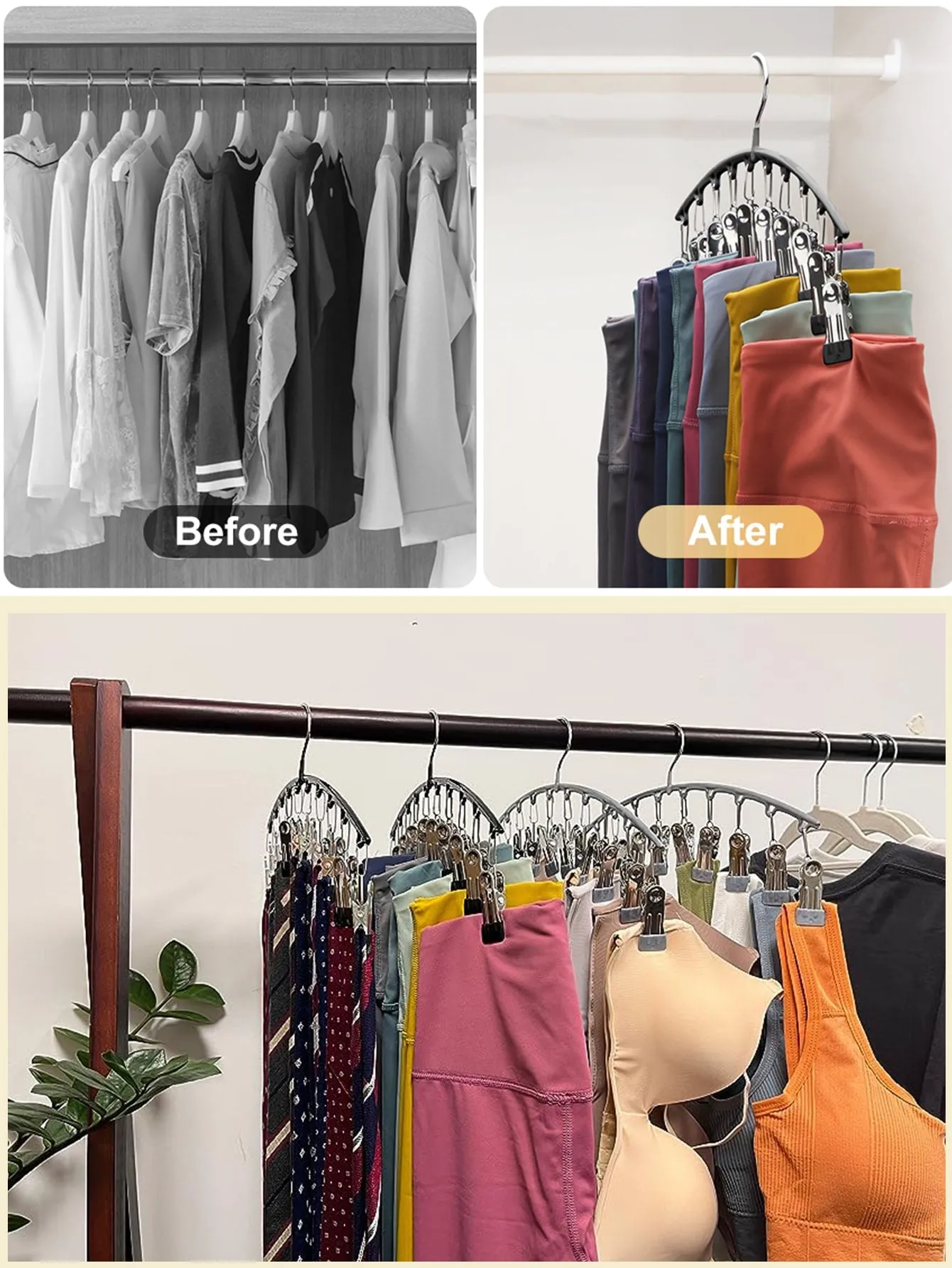 Legging Organizer for Closet, Metal Yoga Pants Hangers 1 Pack w/10 Clips Holds 10 Leggings, Hangers Space Saving Hanging Closet Organizer w/Rubber Coated Closet Organizers and Storage, Black