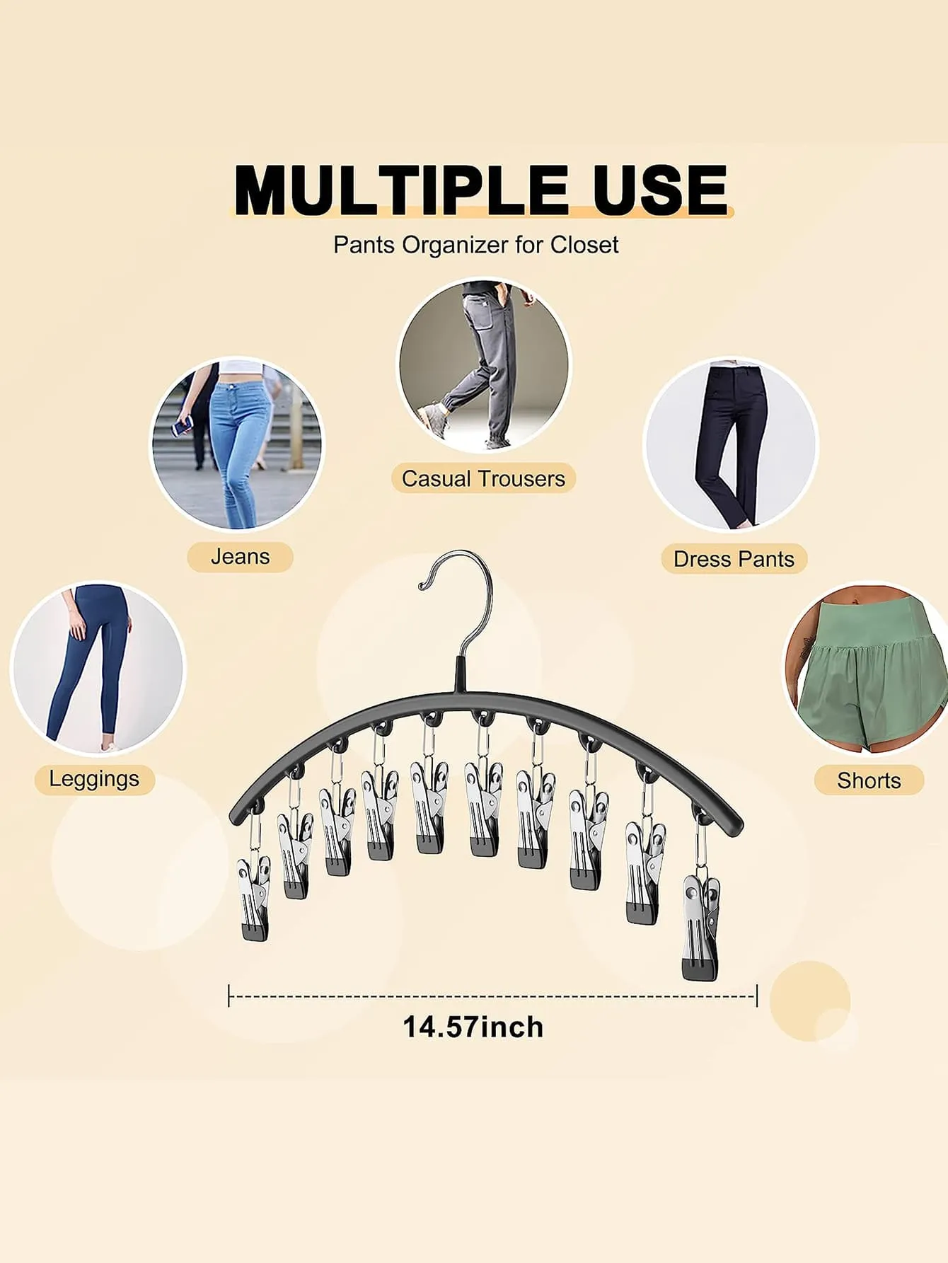 Legging Organizer for Closet, Metal Yoga Pants Hangers 1 Pack w/10 Clips Holds 10 Leggings, Hangers Space Saving Hanging Closet Organizer w/Rubber Coated Closet Organizers and Storage, Black