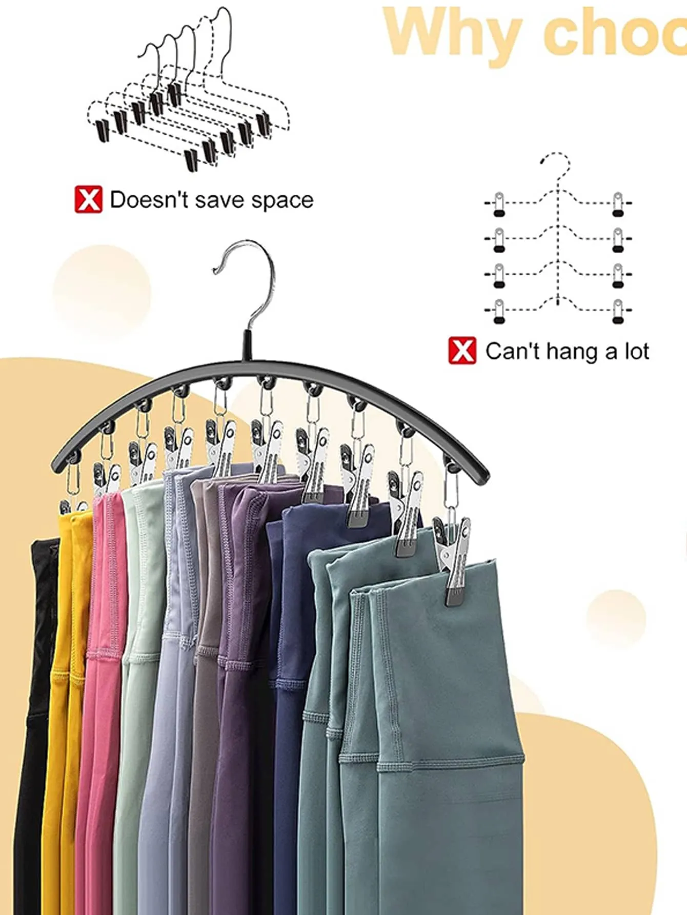 Legging Organizer for Closet, Metal Yoga Pants Hangers 1 Pack w/10 Clips Holds 10 Leggings, Hangers Space Saving Hanging Closet Organizer w/Rubber Coated Closet Organizers and Storage, Black