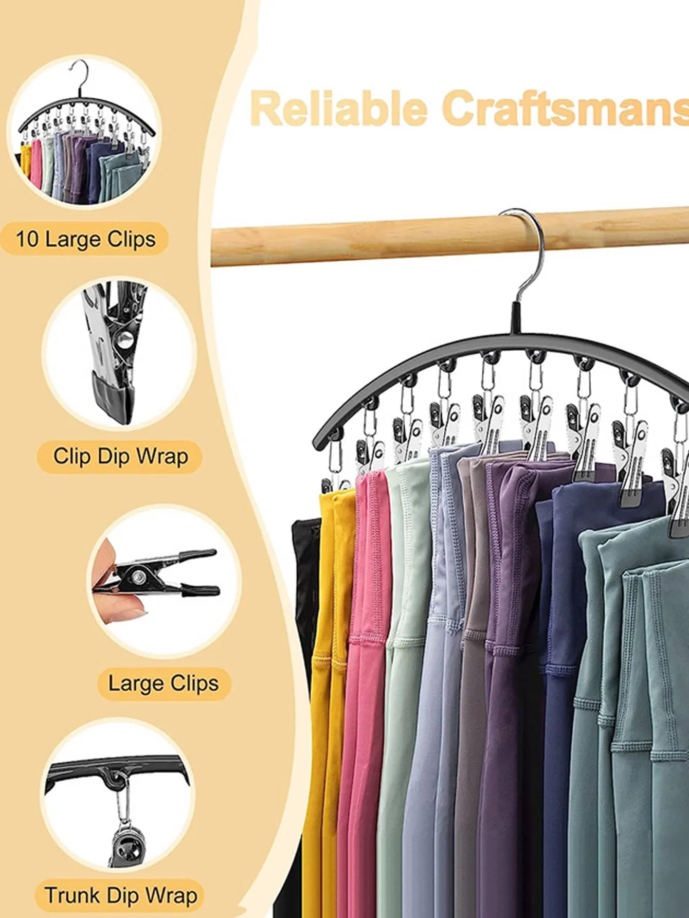 Legging Organizer for Closet, Metal Yoga Pants Hangers 1 Pack w/10 Clips Holds 10 Leggings, Hangers Space Saving Hanging Closet Organizer w/Rubber Coated Closet Organizers and Storage, Black