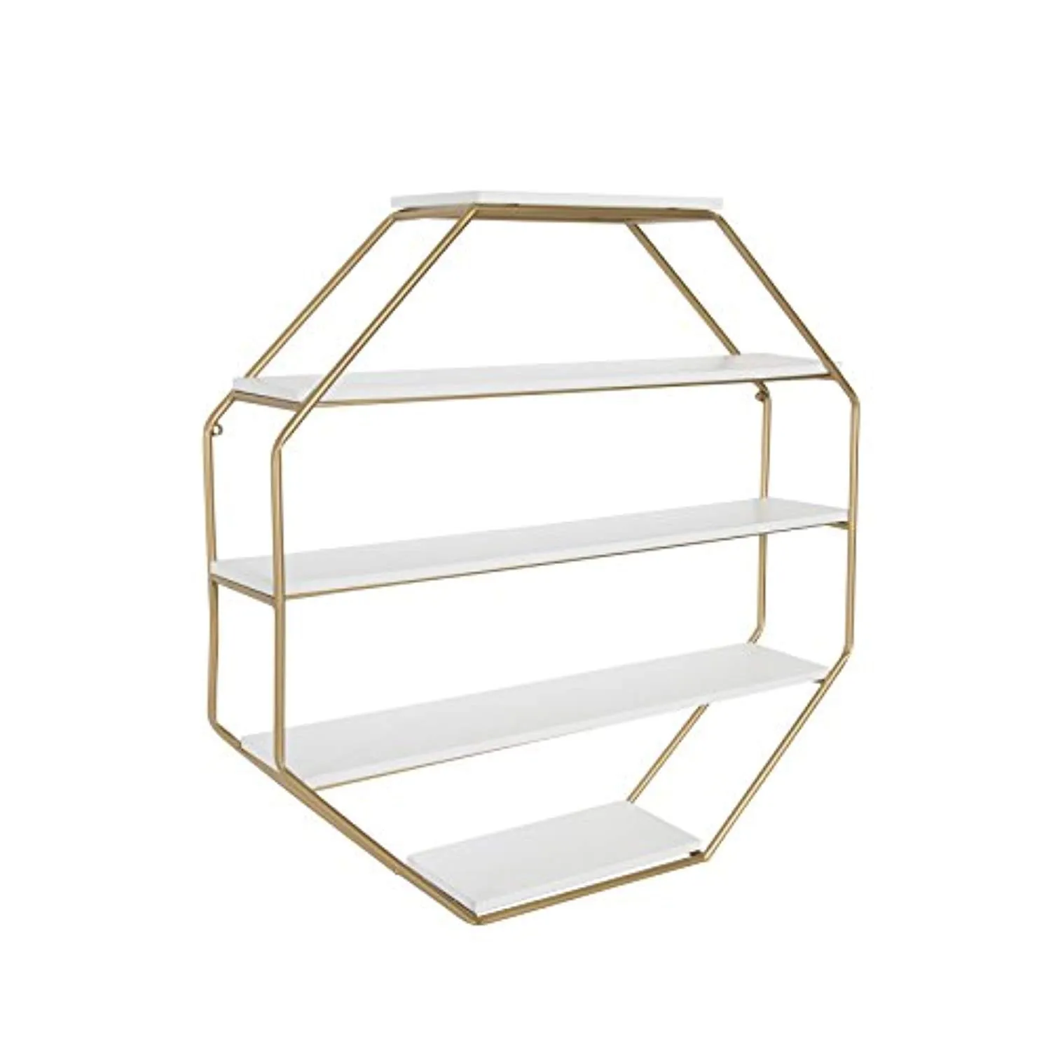 Lintz Large Octagon Floating Wall Shelves with Metal Frame, Gold and White