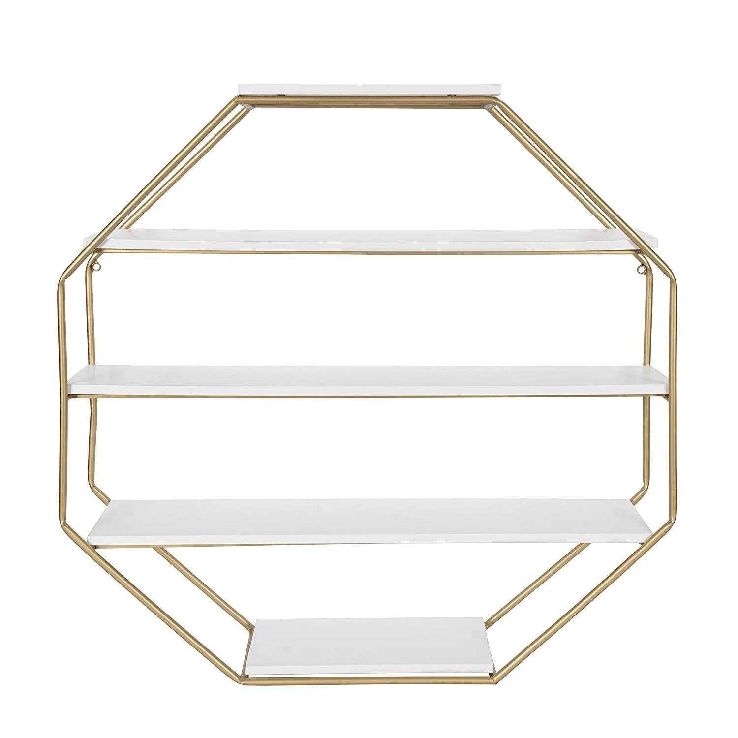 Lintz Large Octagon Floating Wall Shelves with Metal Frame, Gold and White