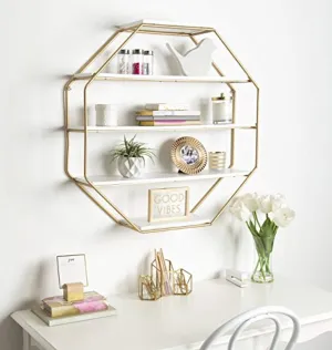 Lintz Large Octagon Floating Wall Shelves with Metal Frame, Gold and White