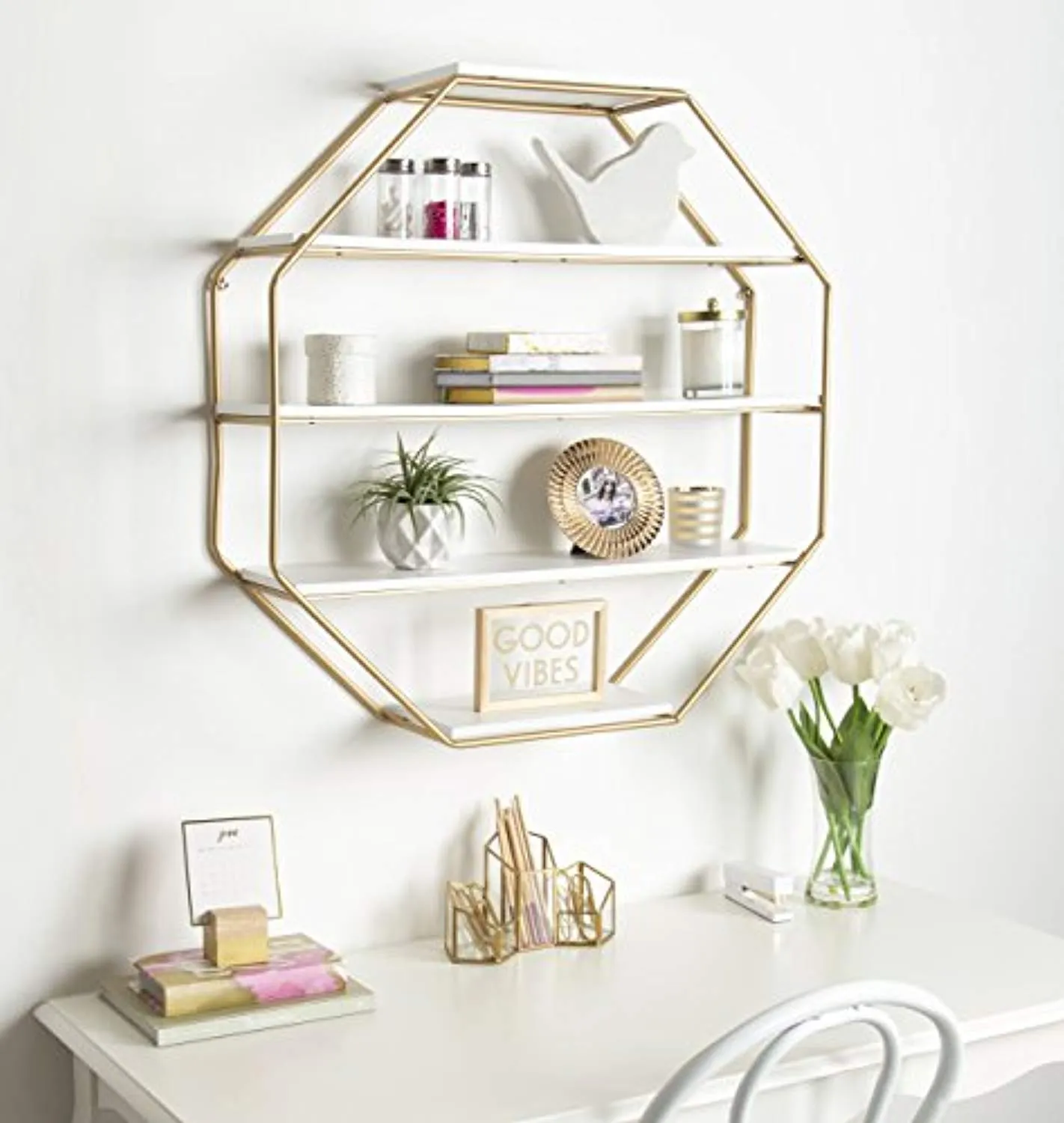 Lintz Large Octagon Floating Wall Shelves with Metal Frame, Gold and White