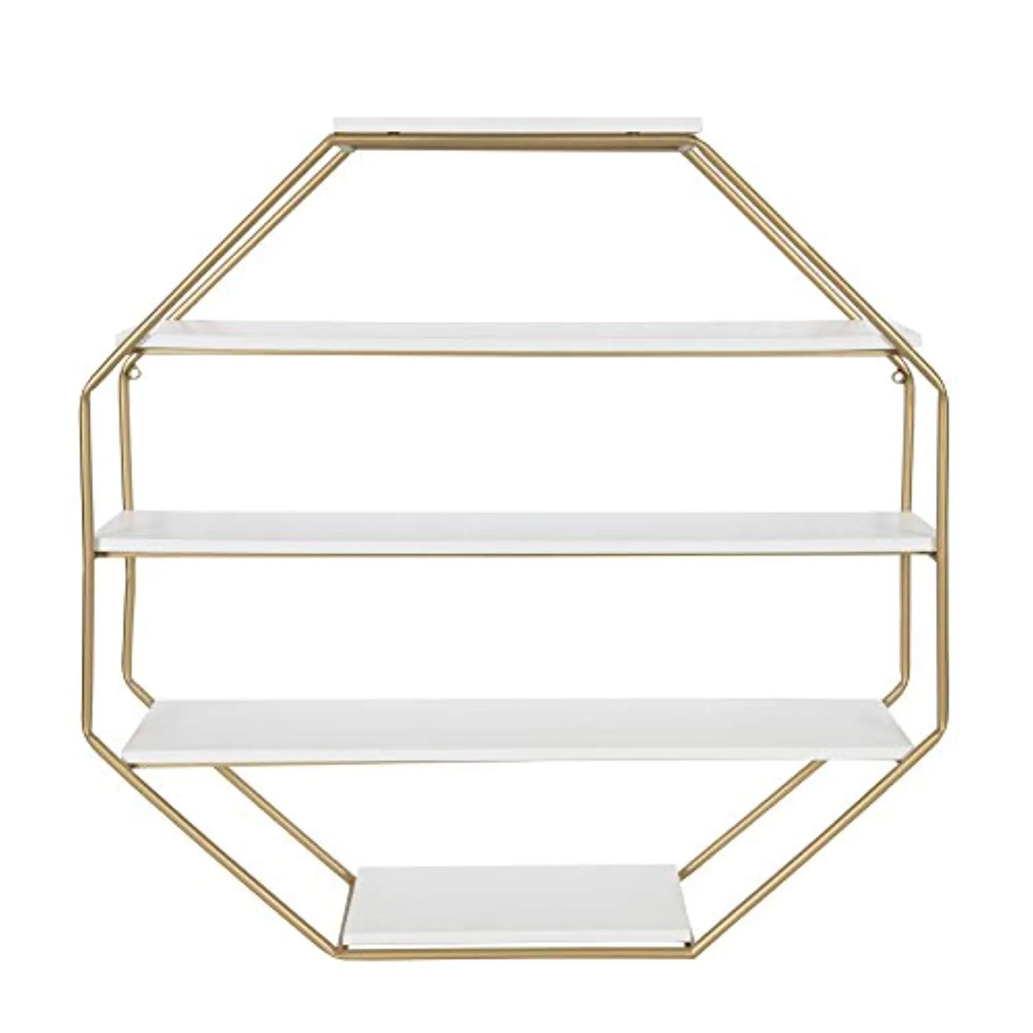 Lintz Large Octagon Floating Wall Shelves with Metal Frame, Gold and White