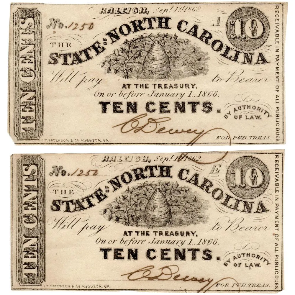 Matching Serials - 1863 State of North Carolina "Hornet's Nest" 10¢ Fractionals - XF/AU